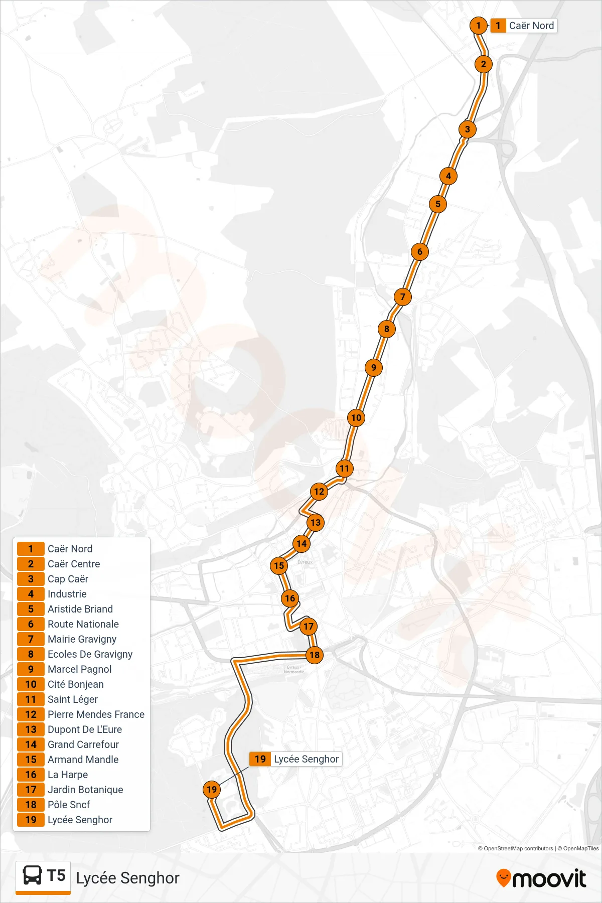 T5 bus Line (Lycée Senghor) route and stops on a map