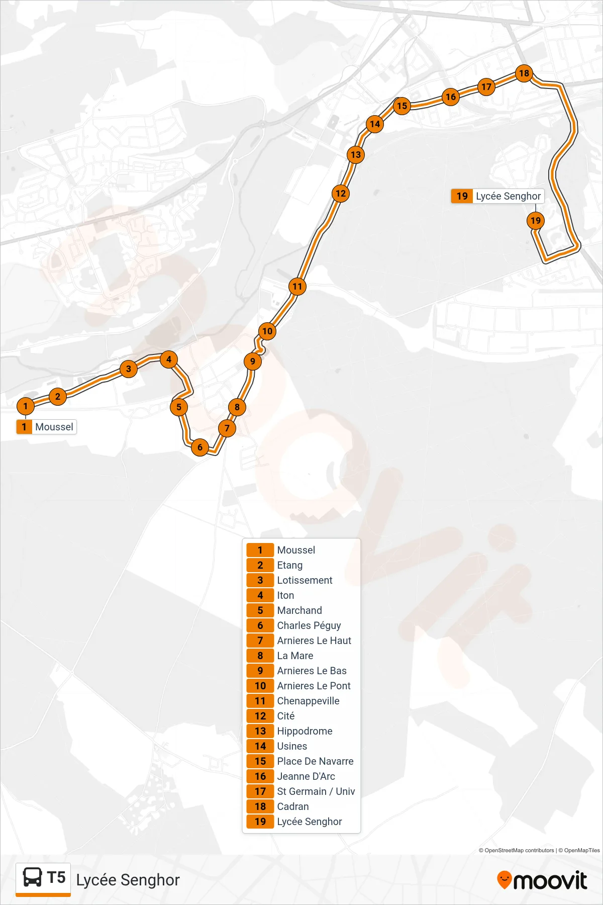 Tracé et arrêts de la ligne T5 de bus (Lycée Senghor) sur une carte