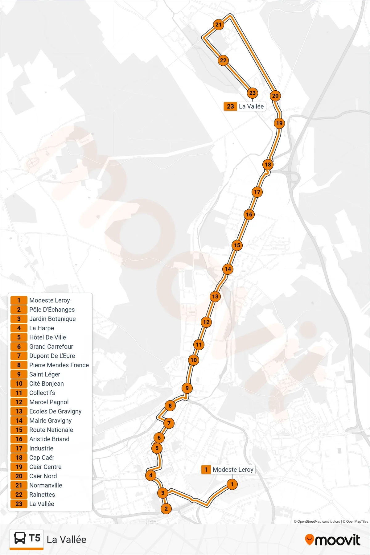T5 bus Line (La Vallée) route and stops on a map