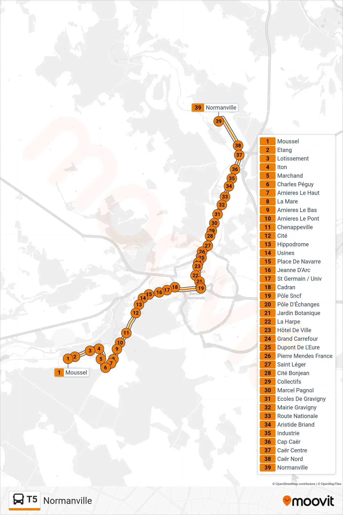 Tracé et arrêts de la ligne T5 de bus (Normanville) sur une carte