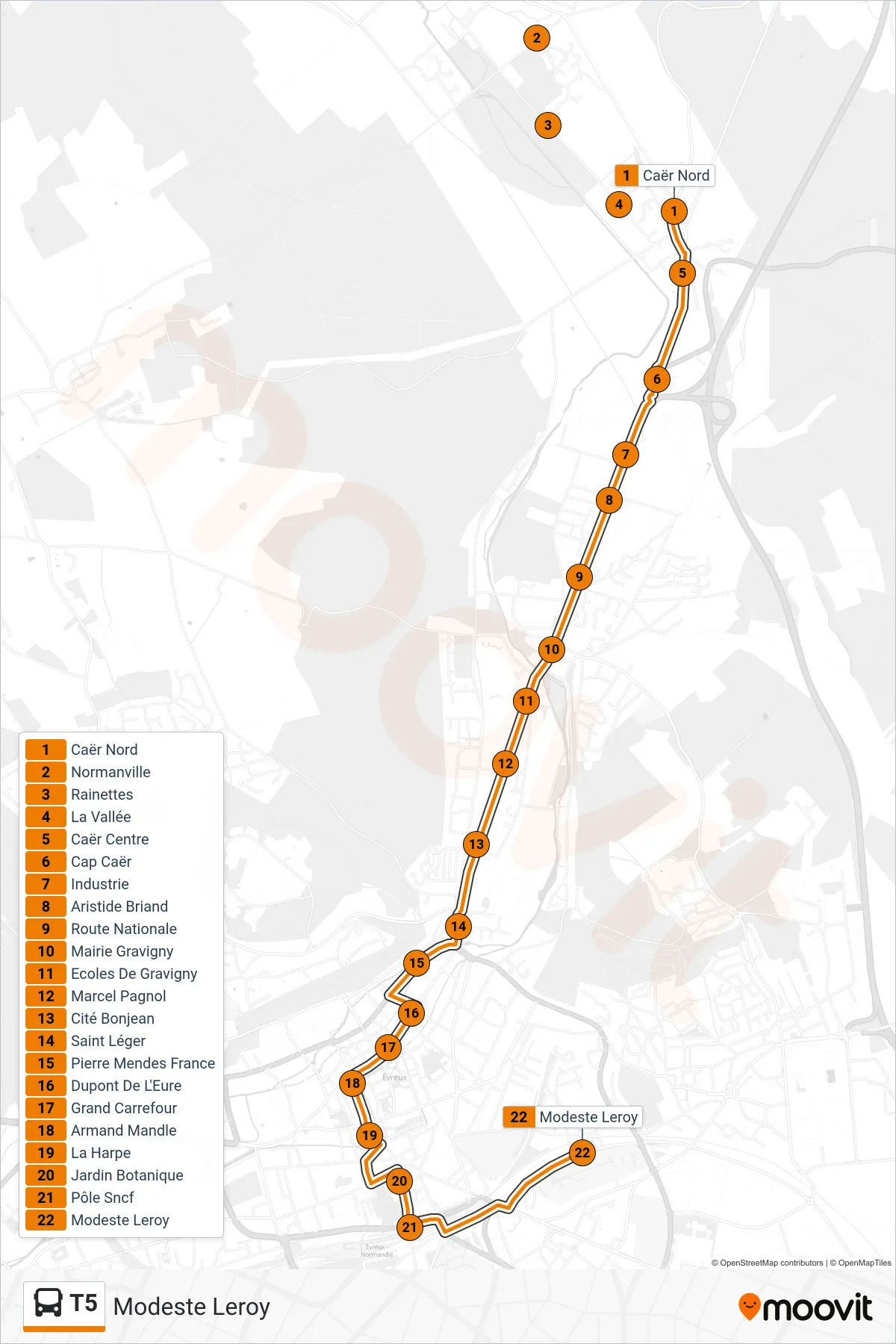Tracé et arrêts de la ligne T5 de bus (Modeste Leroy) sur une carte