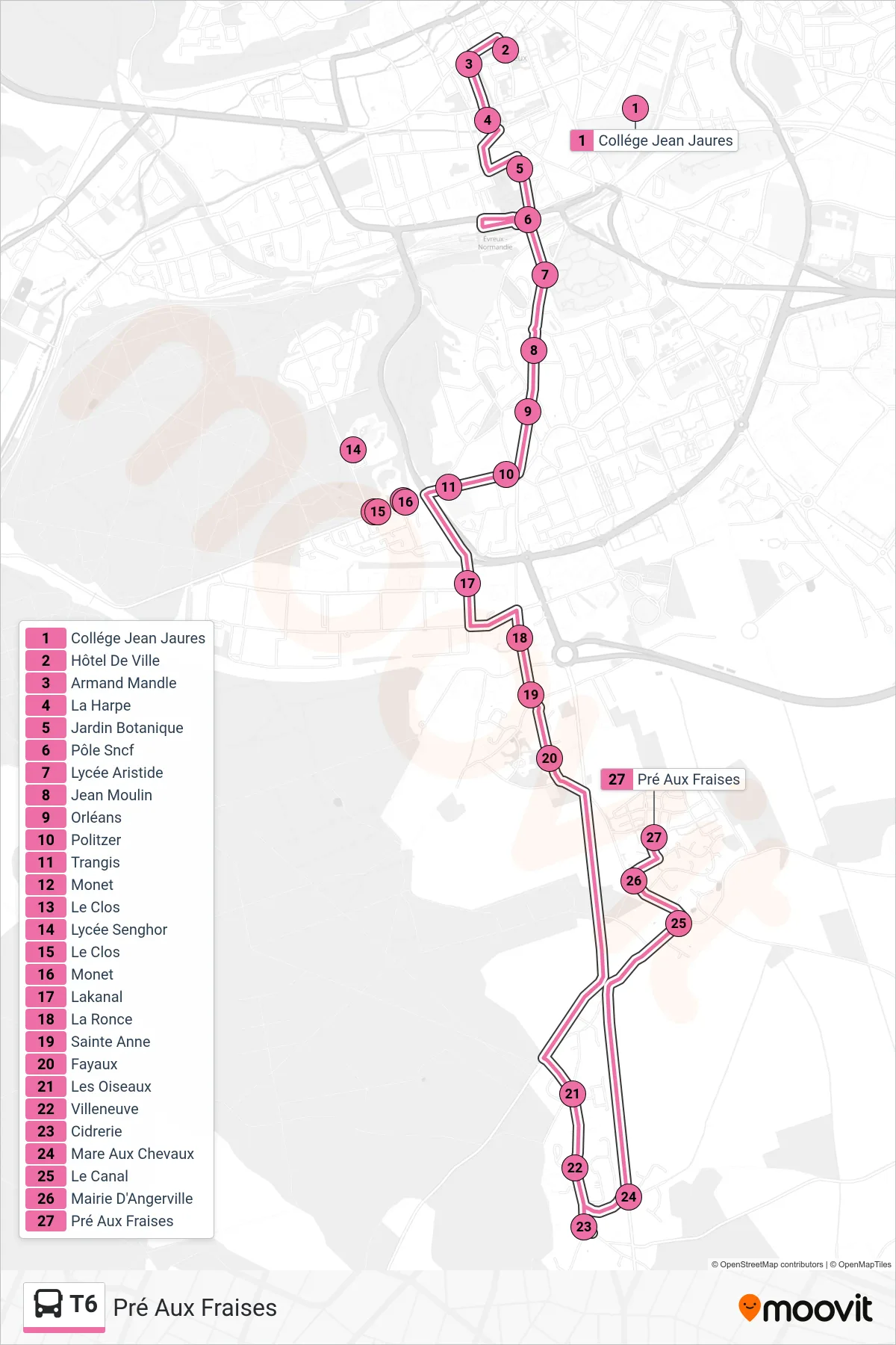 Tracé et arrêts de la ligne T6 de bus (Pré Aux Fraises) sur une carte
