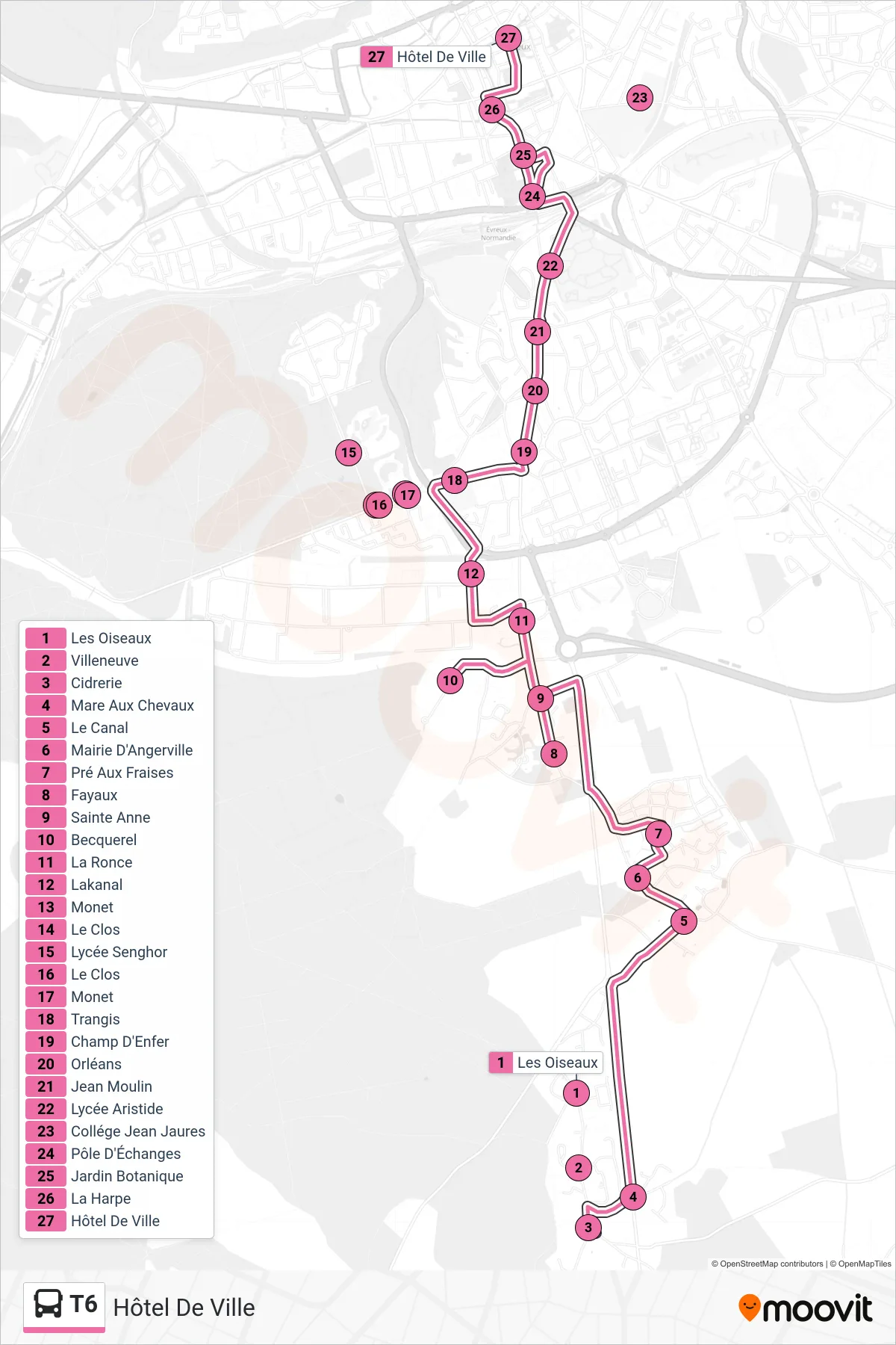Tracé et arrêts de la ligne T6 de bus (Hôtel De Ville) sur une carte