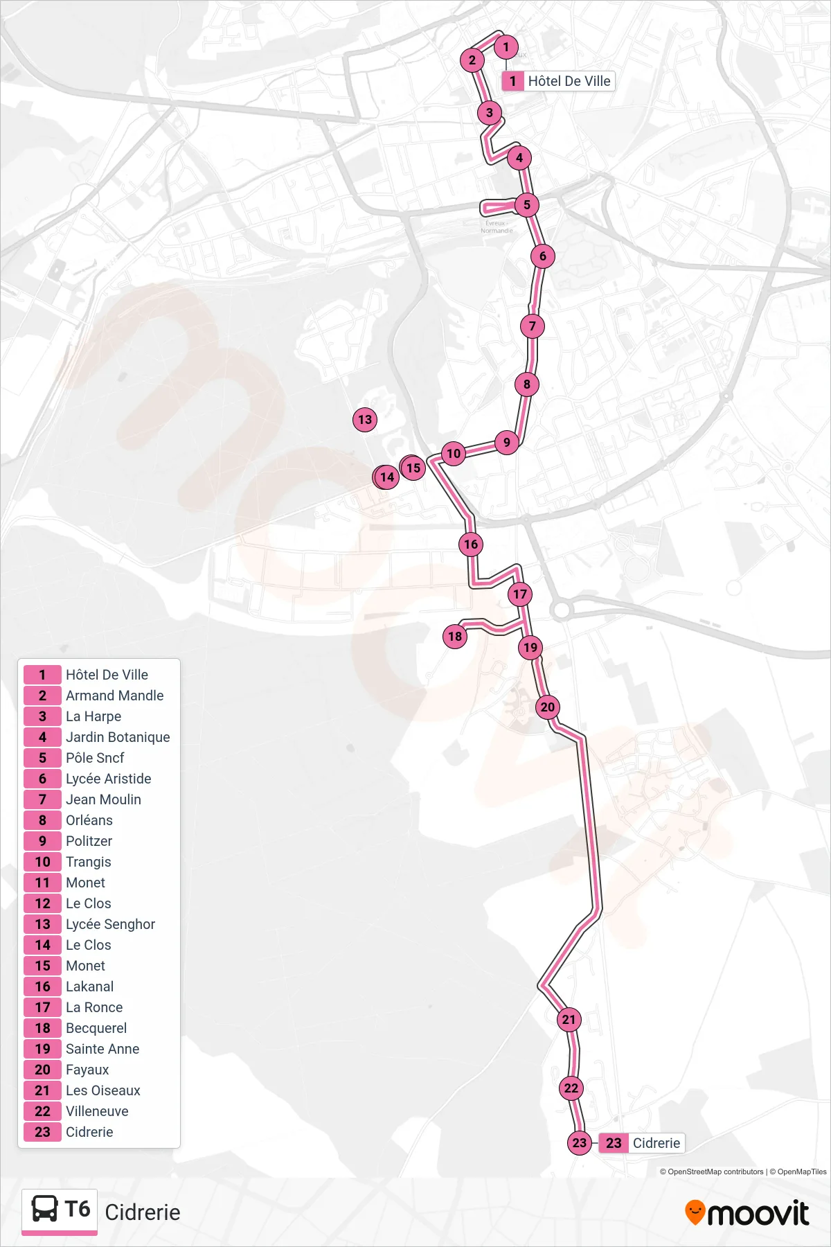 Recorrido y paradas de la línea T6 de autobús (Cidrerie) en el mapa