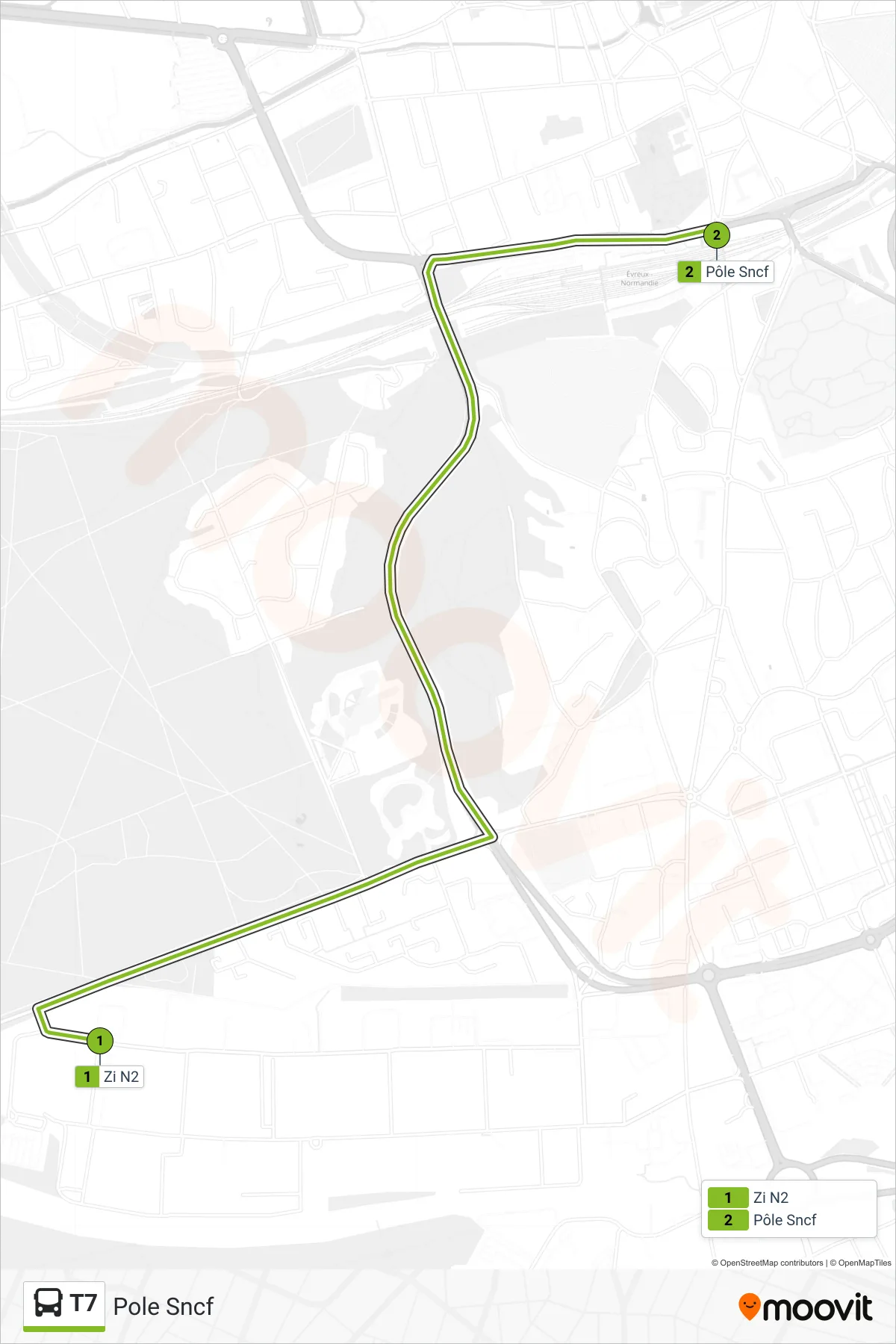 Tracé et arrêts de la ligne T7 de bus (Pole Sncf) sur une carte