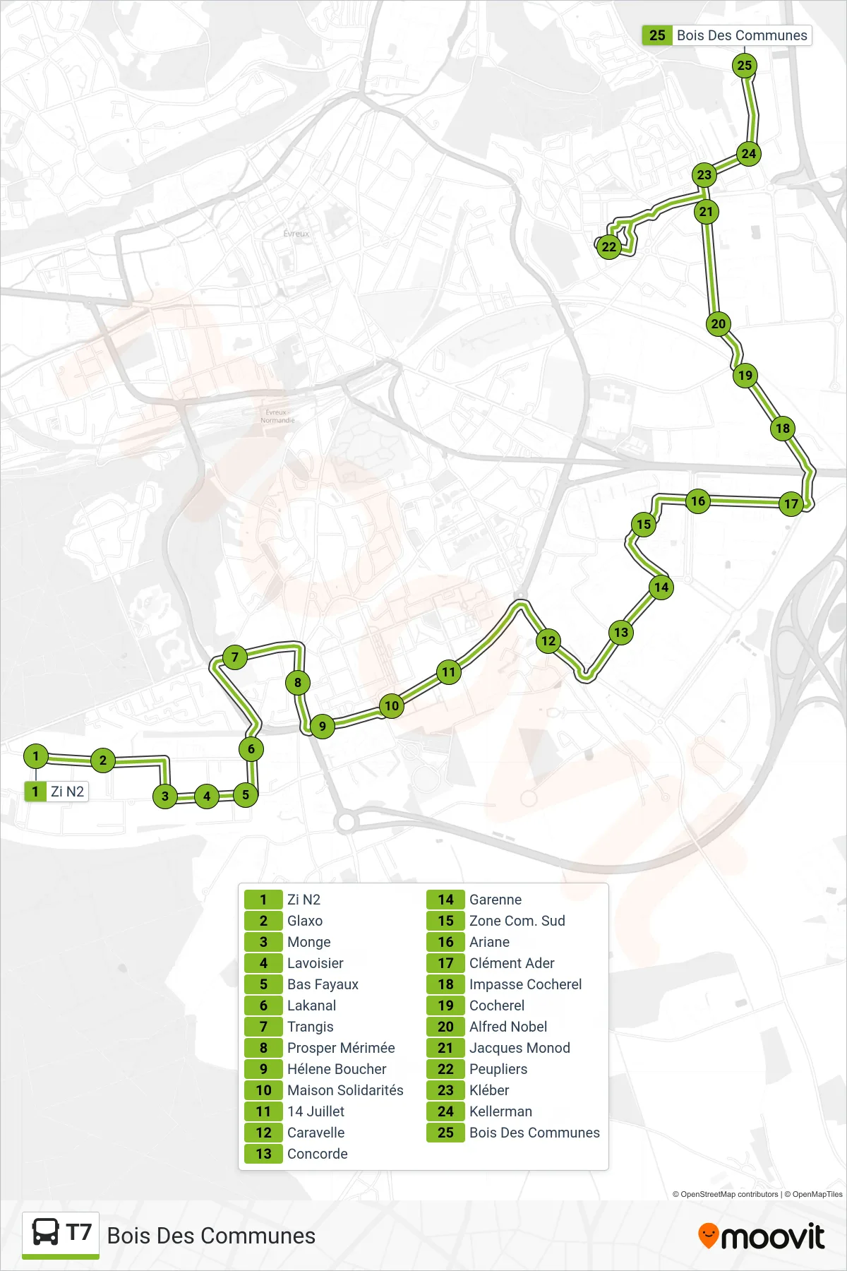 Tracé et arrêts de la ligne T7 de bus (Bois Des Communes) sur une carte
