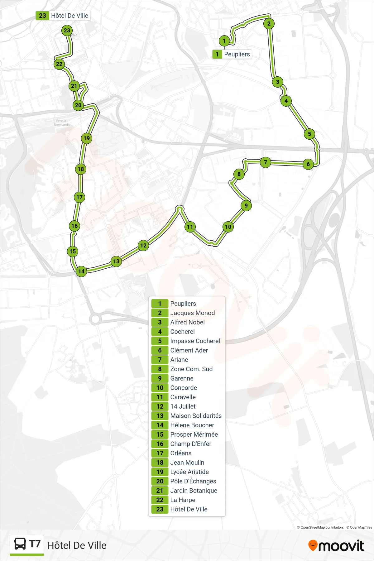 Tracé et arrêts de la ligne T7 de bus (Hôtel De Ville) sur une carte