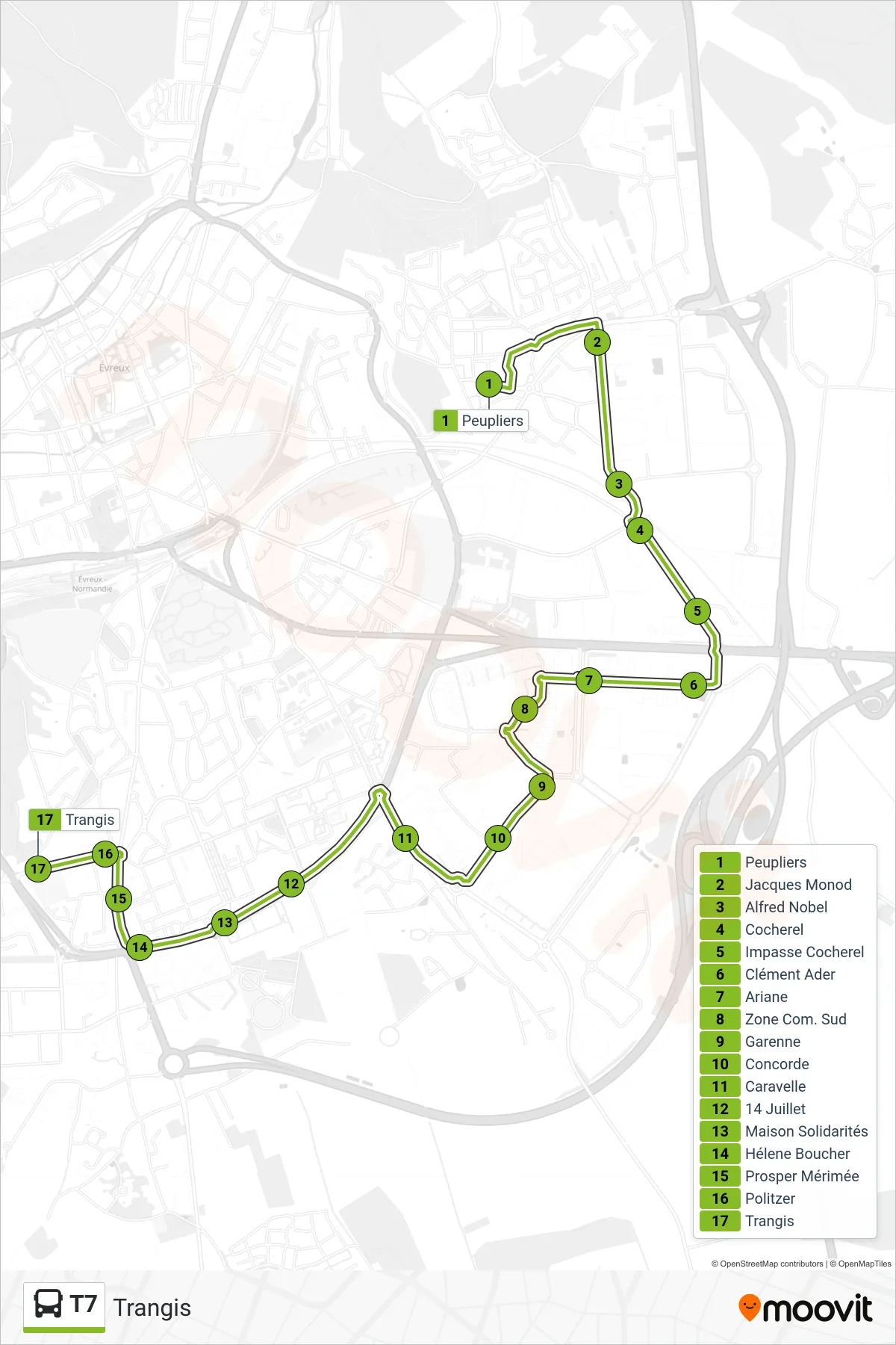 Tracé et arrêts de la ligne T7 de bus (Trangis) sur une carte