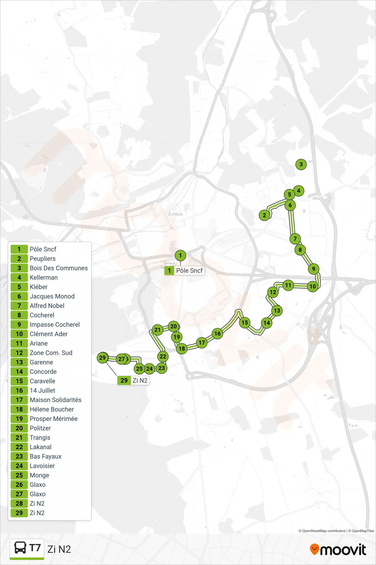 Tracé et arrêts de la ligne T7 de bus (Zi N2) sur une carte