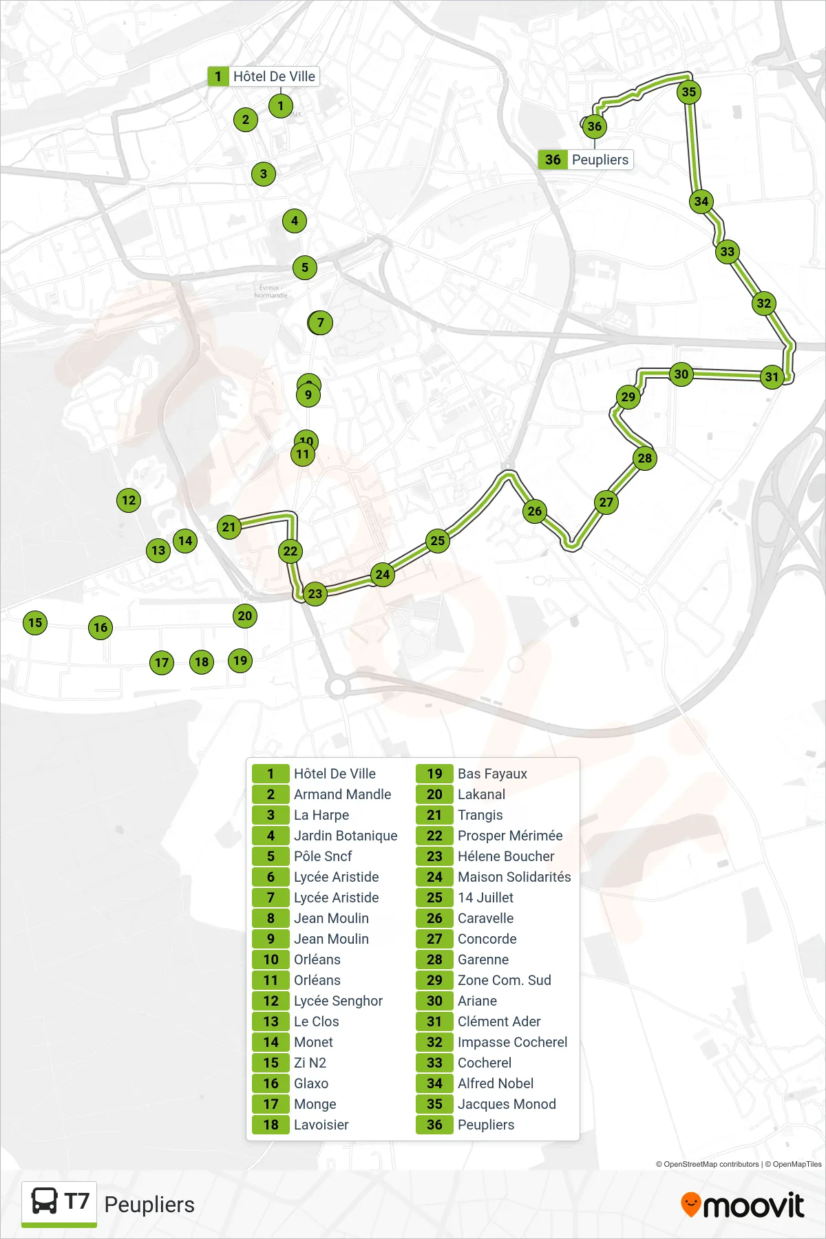 Tracé et arrêts de la ligne T7 de bus (Peupliers) sur une carte