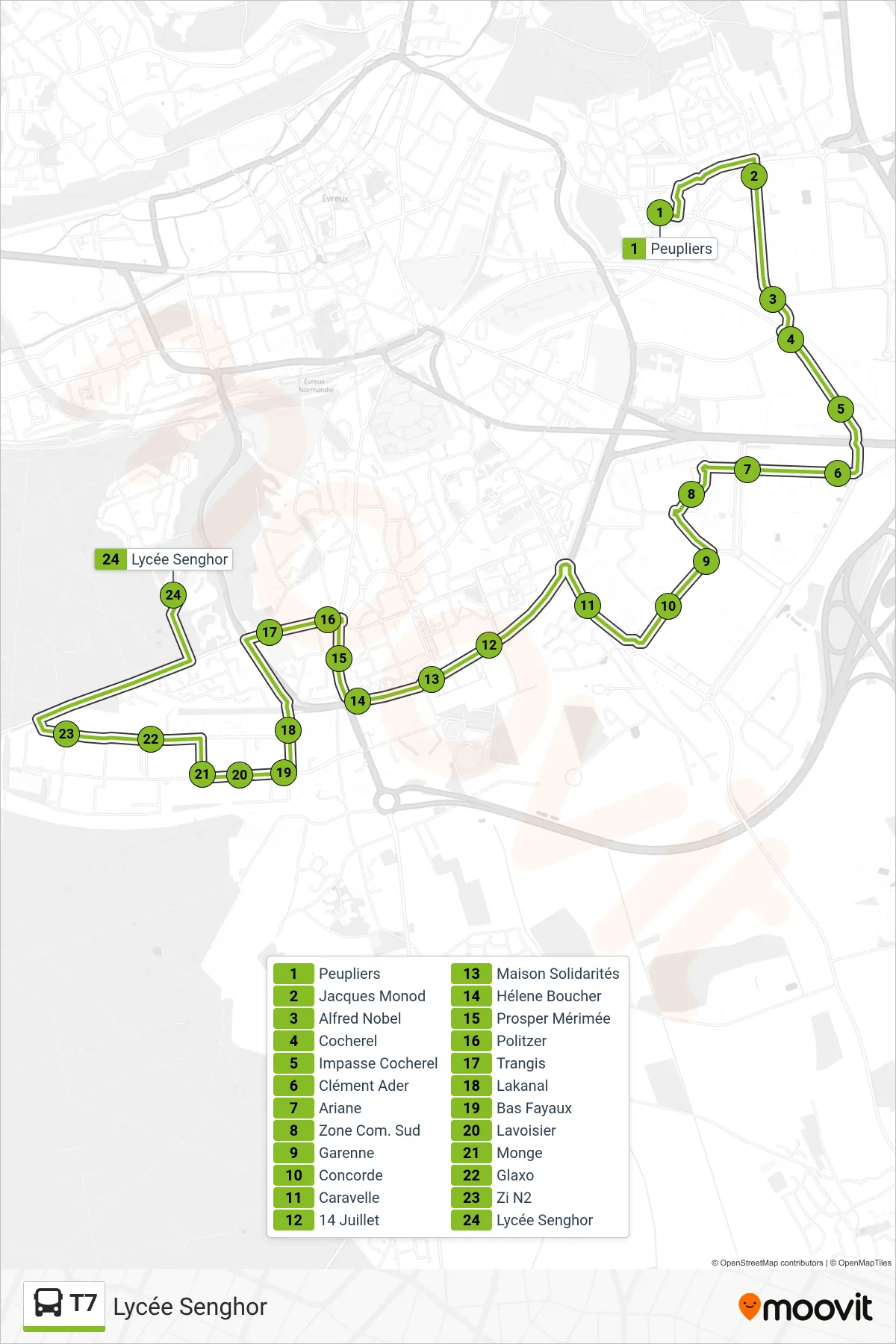 Tracé et arrêts de la ligne T7 de bus (Lycée Senghor) sur une carte