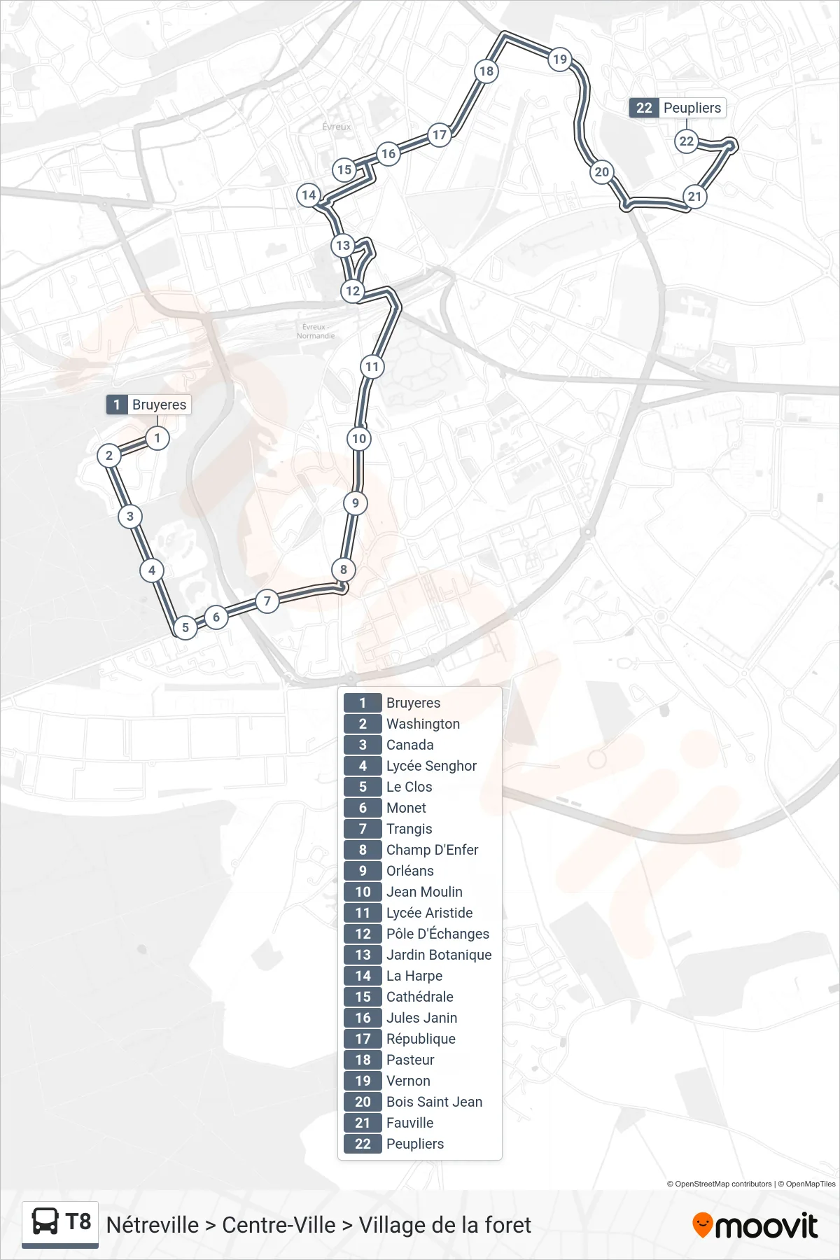 Recorrido y paradas de la línea T8 de autobús (Peupliers) en el mapa