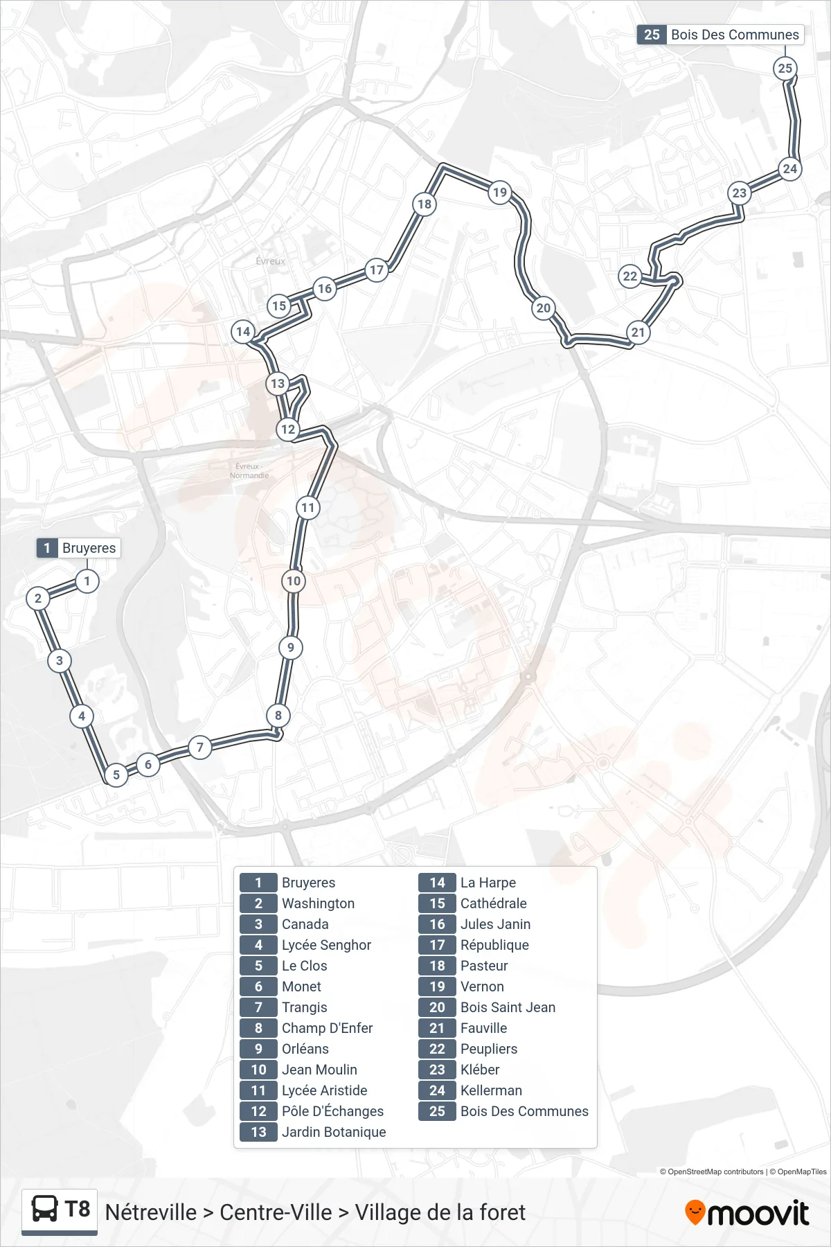 Tracé et arrêts de la ligne T8 de bus (Bois Des Communes) sur une carte