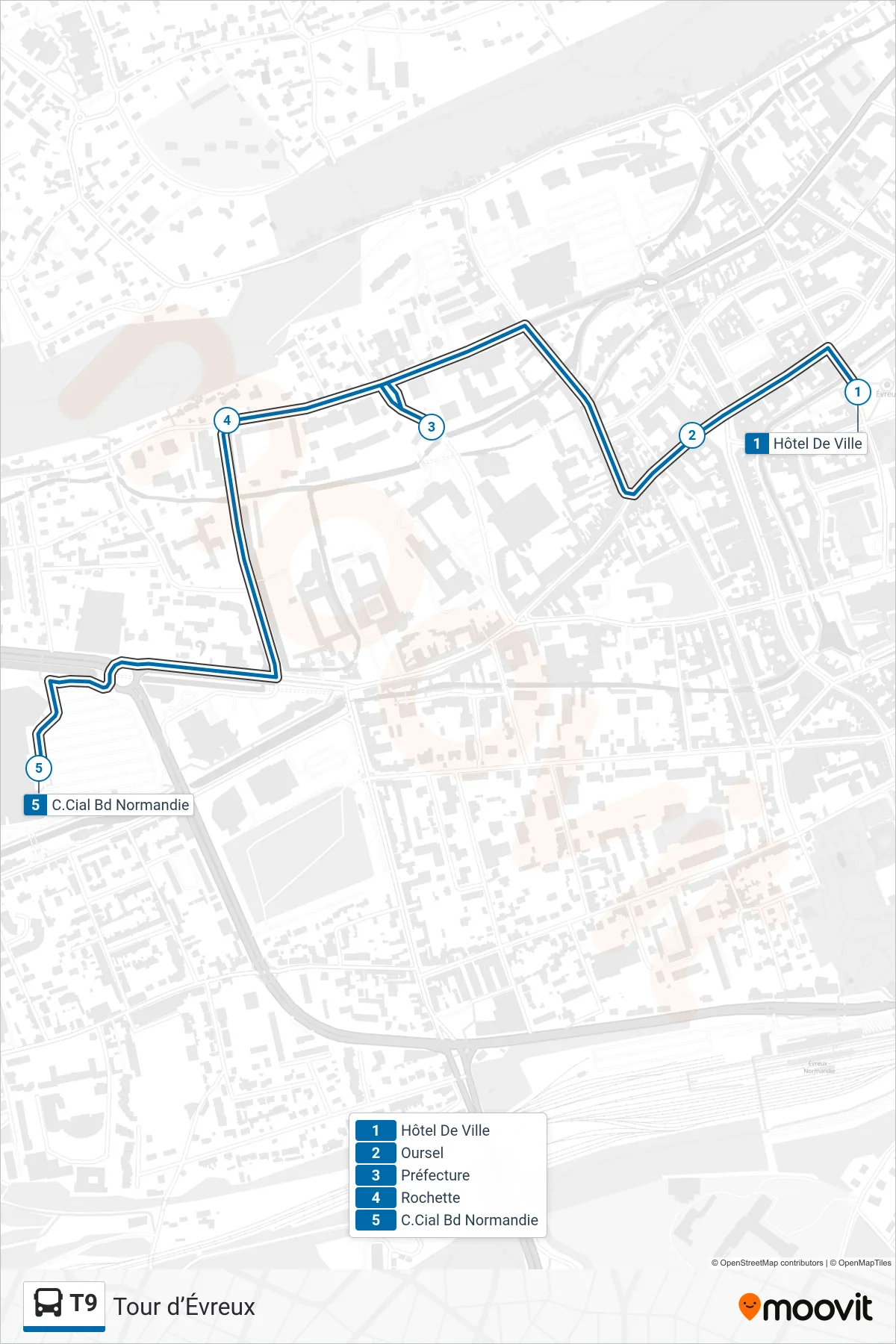 Tracé et arrêts de la ligne T9 de bus (C.Cial Bd Norma) sur une carte