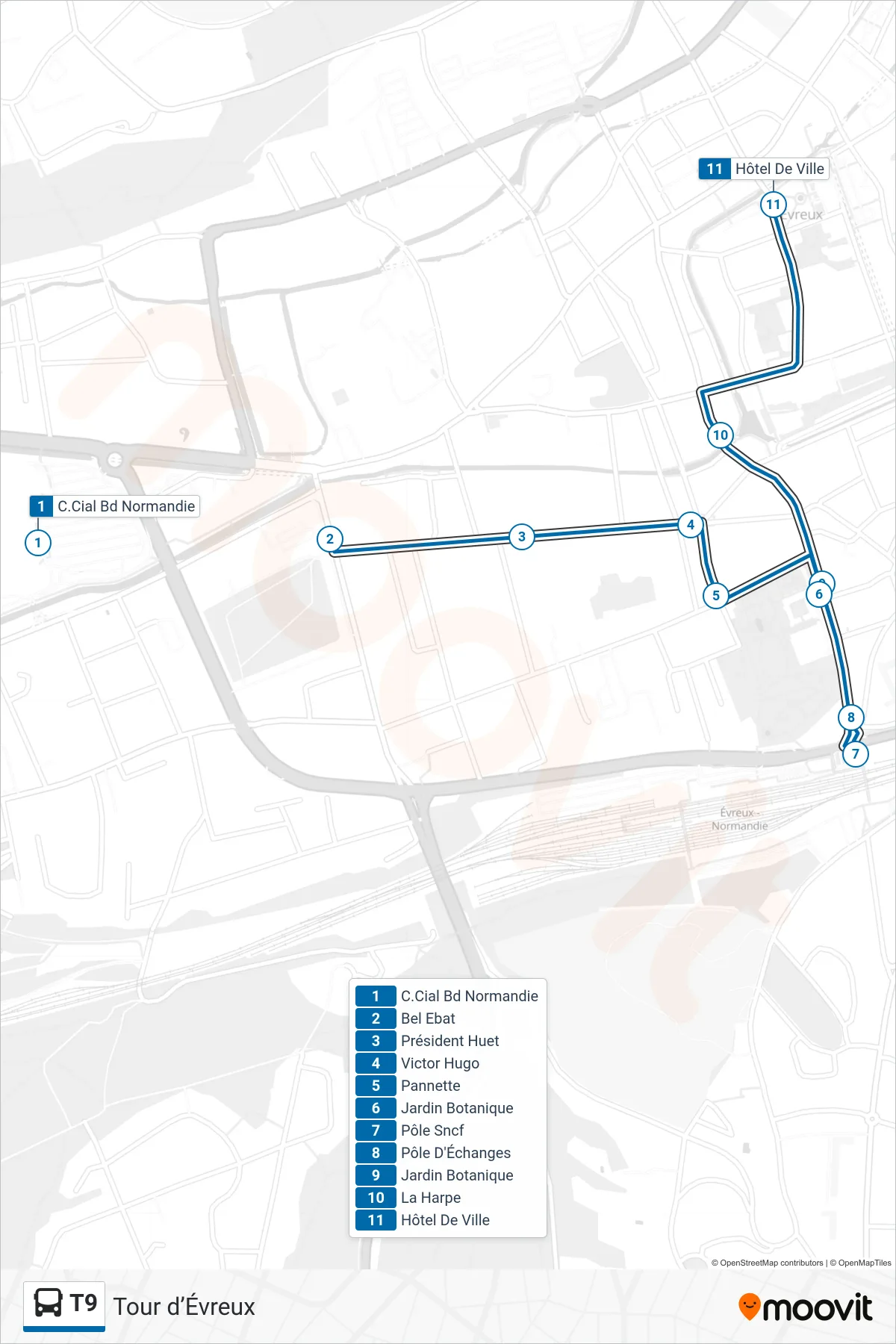 Tracé et arrêts de la ligne T9 de bus (Hôtel De Ville) sur une carte