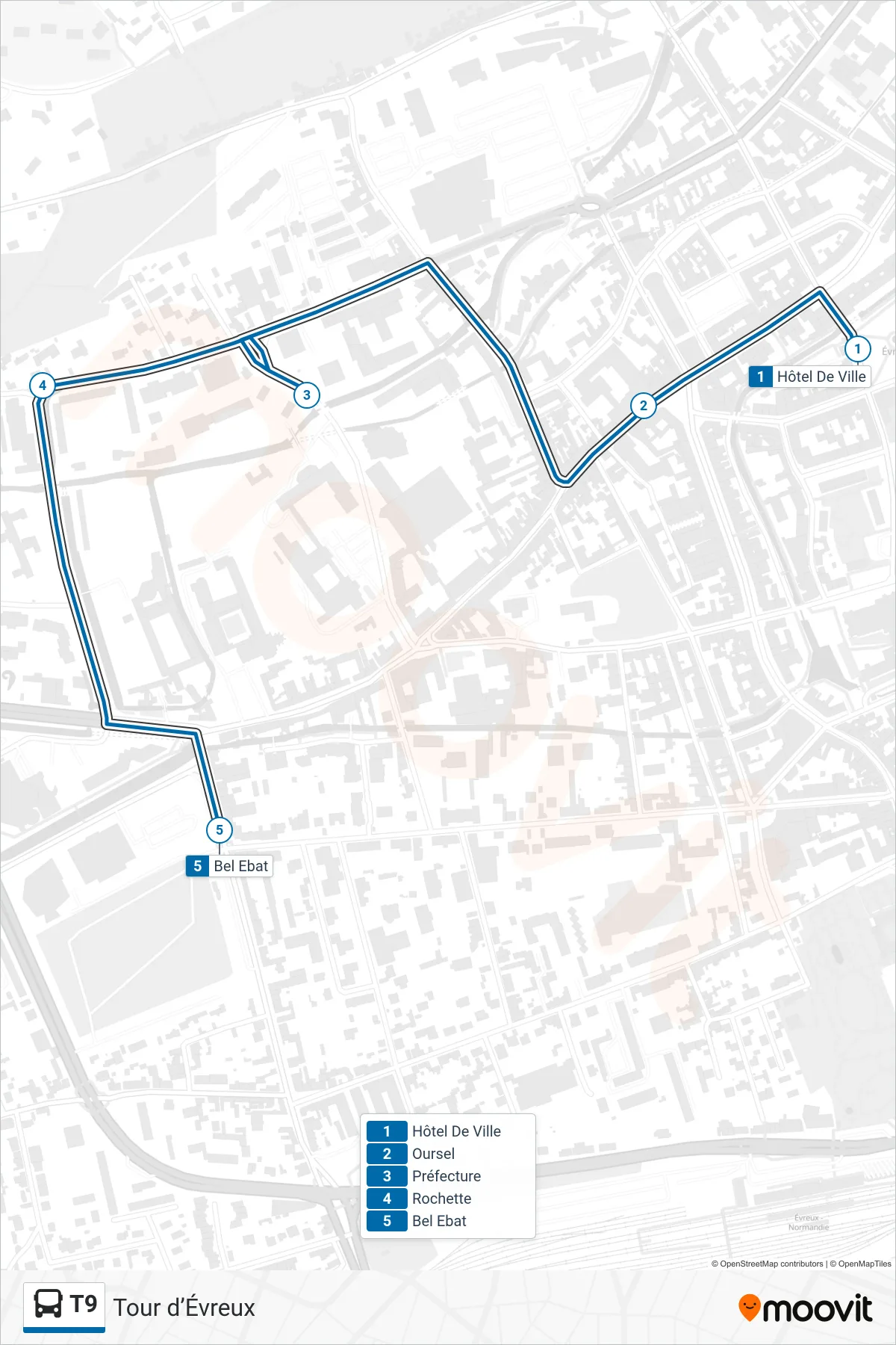 Tracé et arrêts de la ligne T9 de bus (Bel Ebat) sur une carte