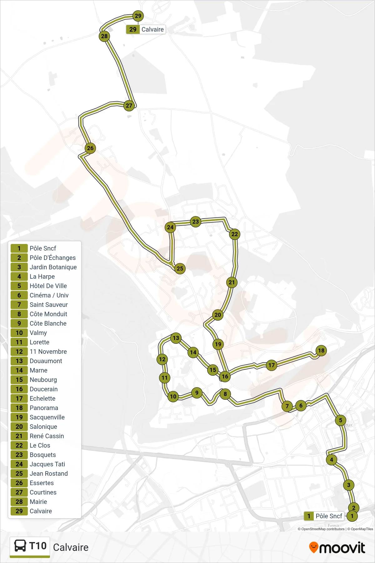 Recorrido y paradas de la línea T10 de autobús (Calvaire) en el mapa