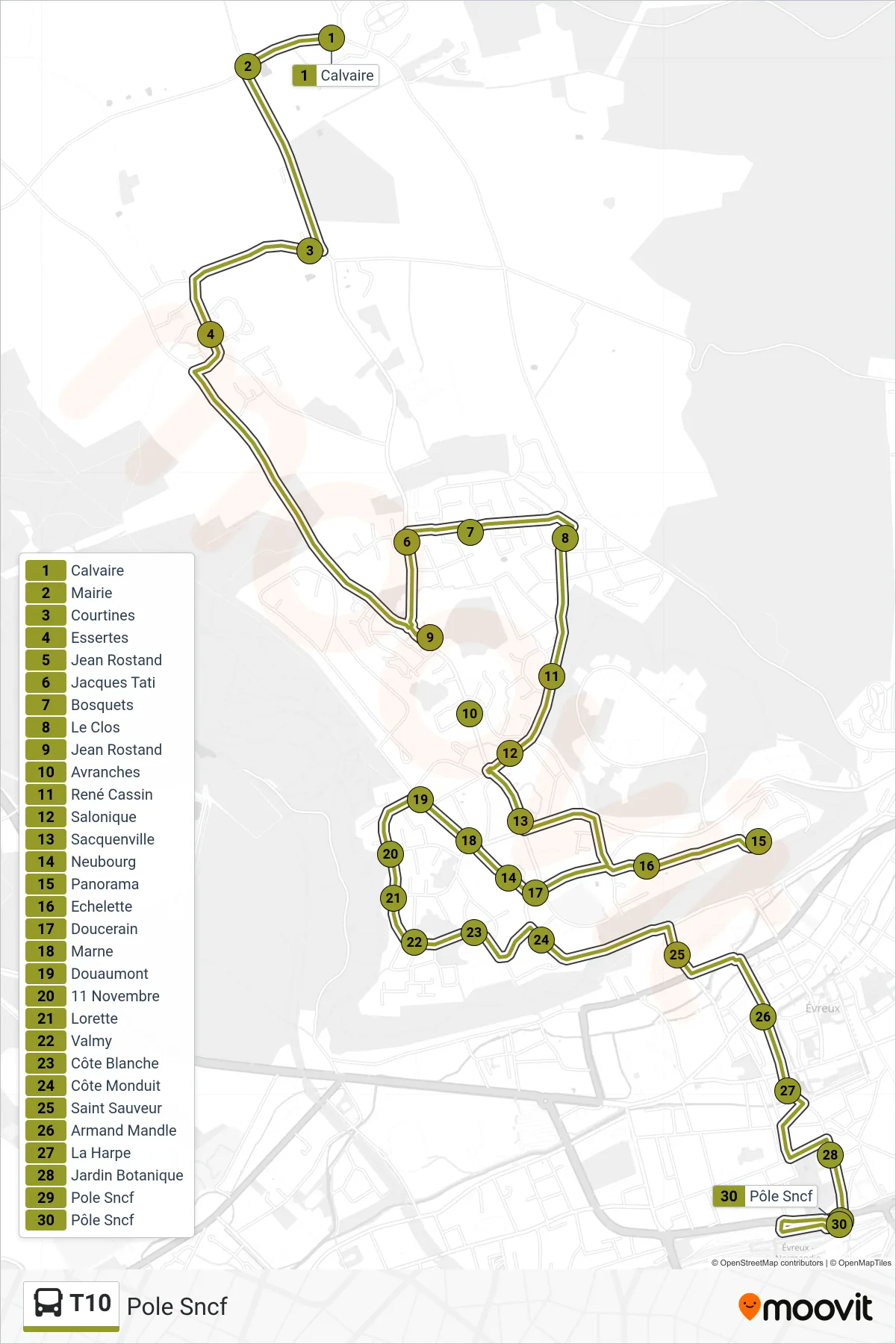 Tracé et arrêts de la ligne T10 de bus (Pole Sncf) sur une carte