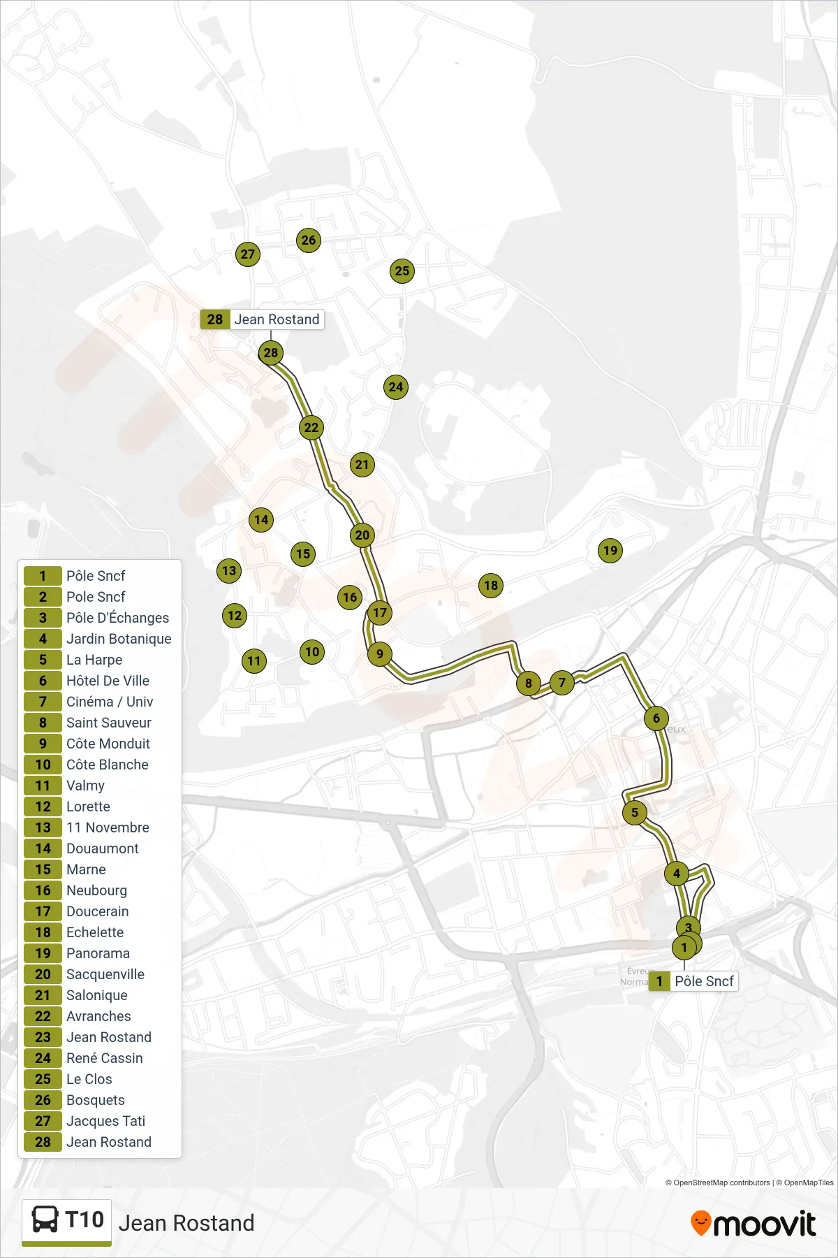 Tracé et arrêts de la ligne T10 de bus (Jean Rostand) sur une carte
