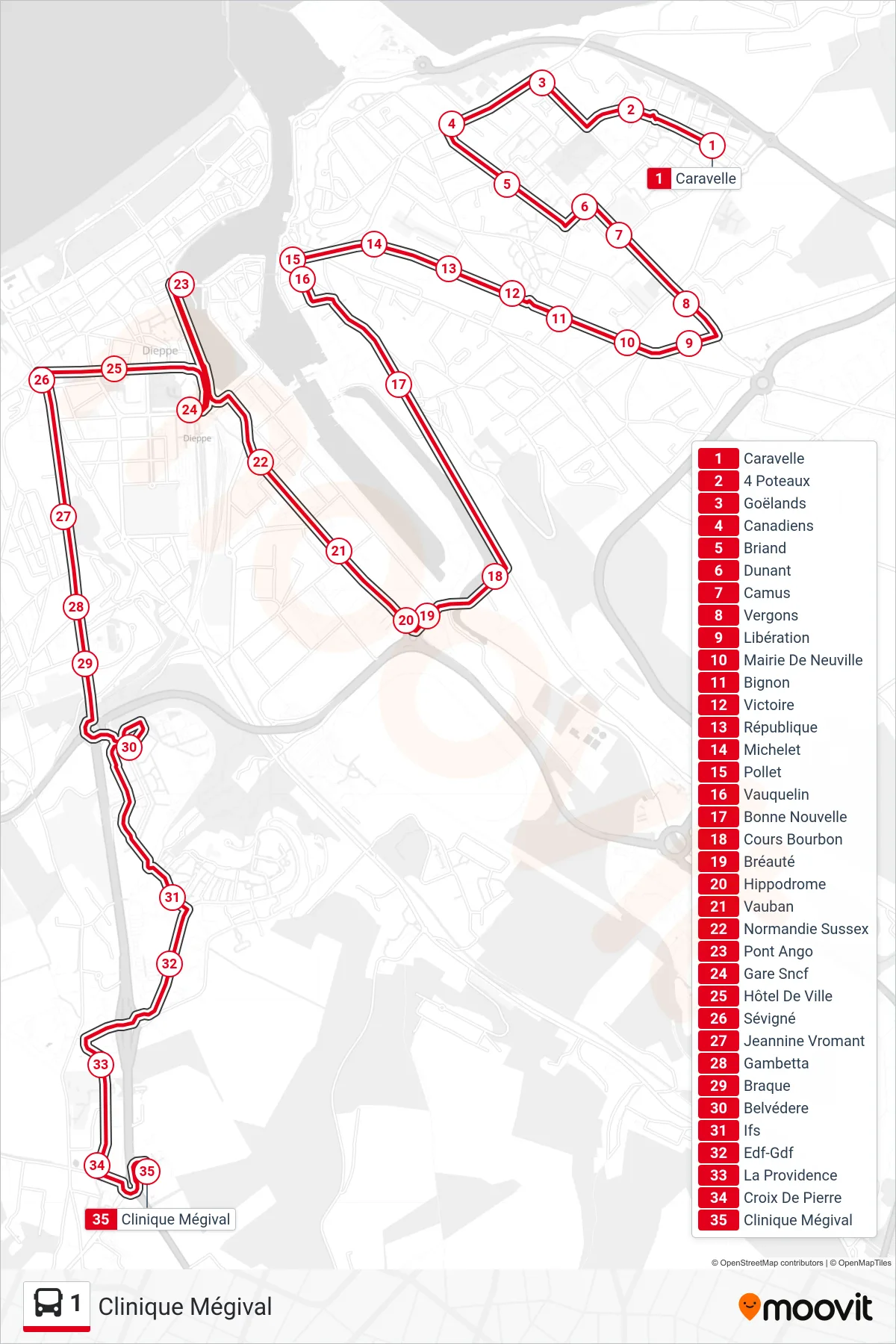 Tracé et arrêts de la ligne 1 de bus (Clinique Mégival) sur une carte