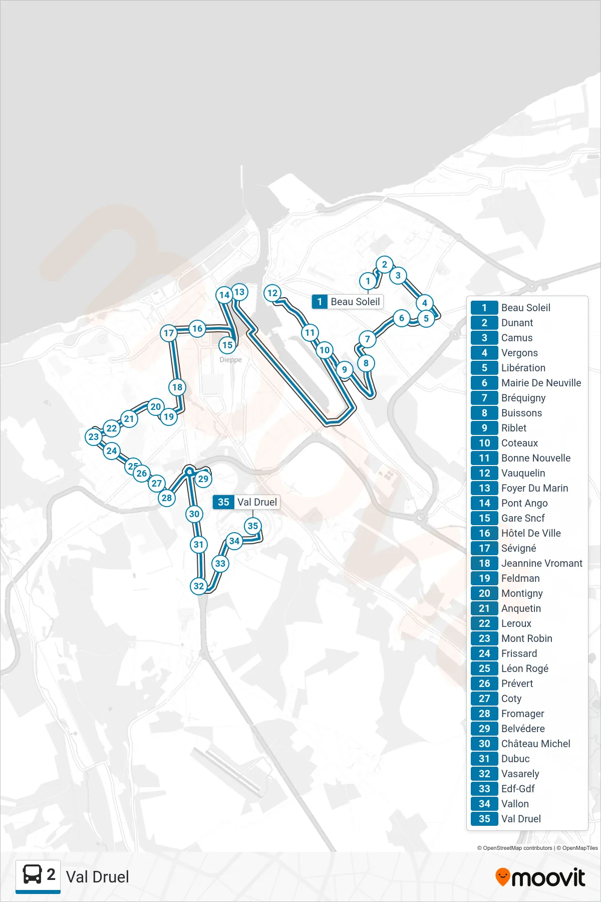 2 bus Line (Val Druel) route and stops on a map