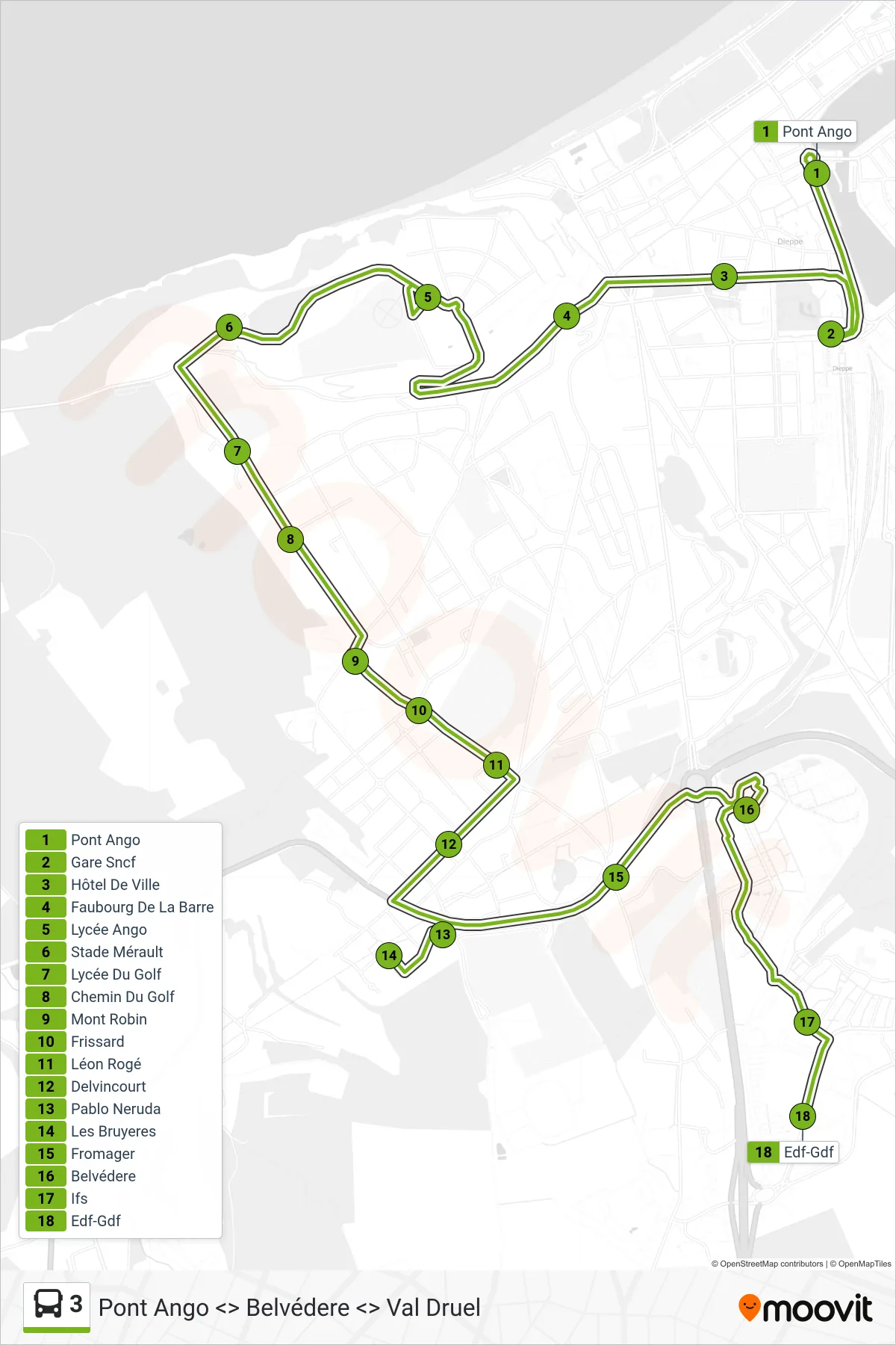 Tracé et arrêts de la ligne 3 de bus (Edf-Gdf) sur une carte