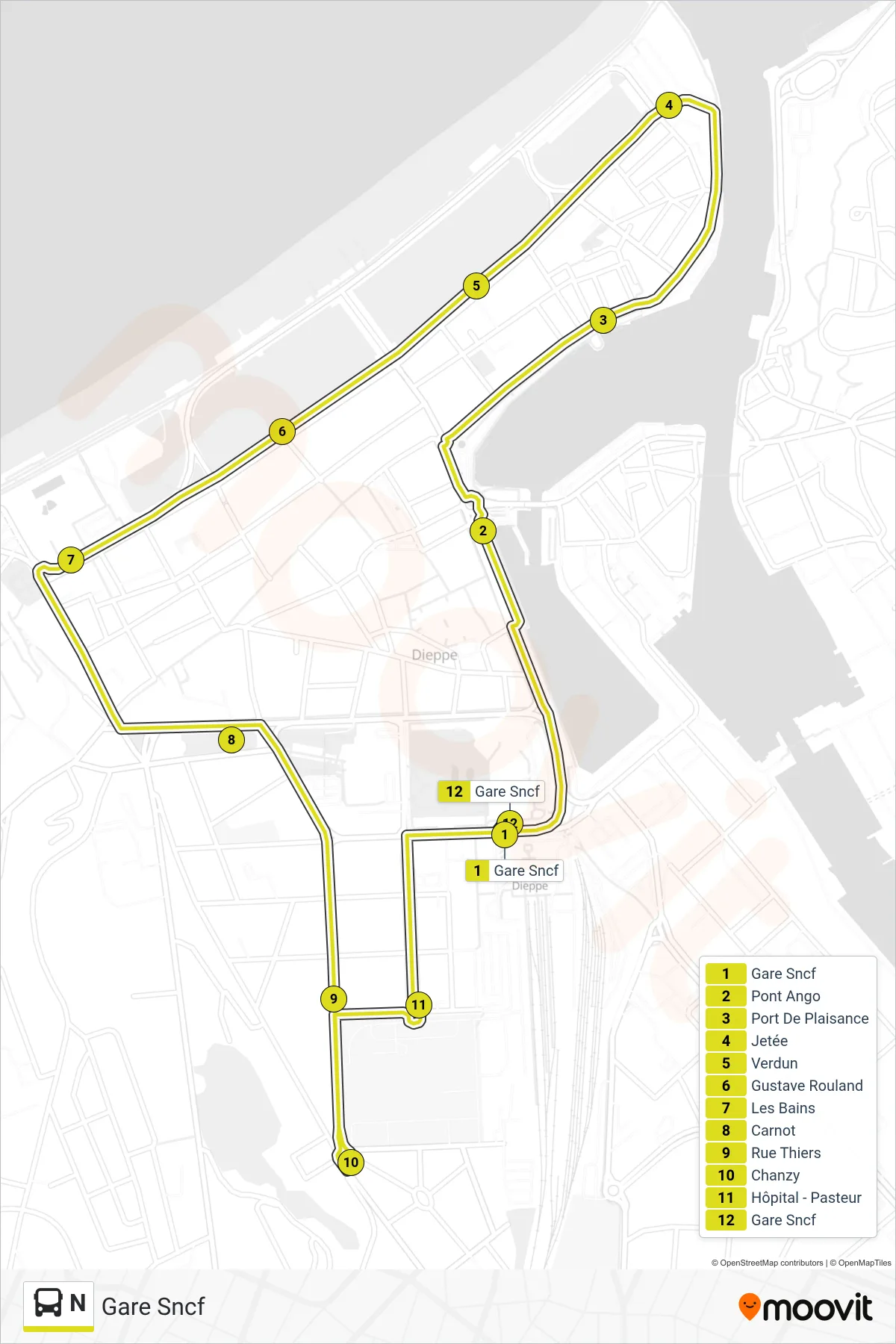 Tracé et arrêts de la ligne N de bus (Gare Sncf) sur une carte