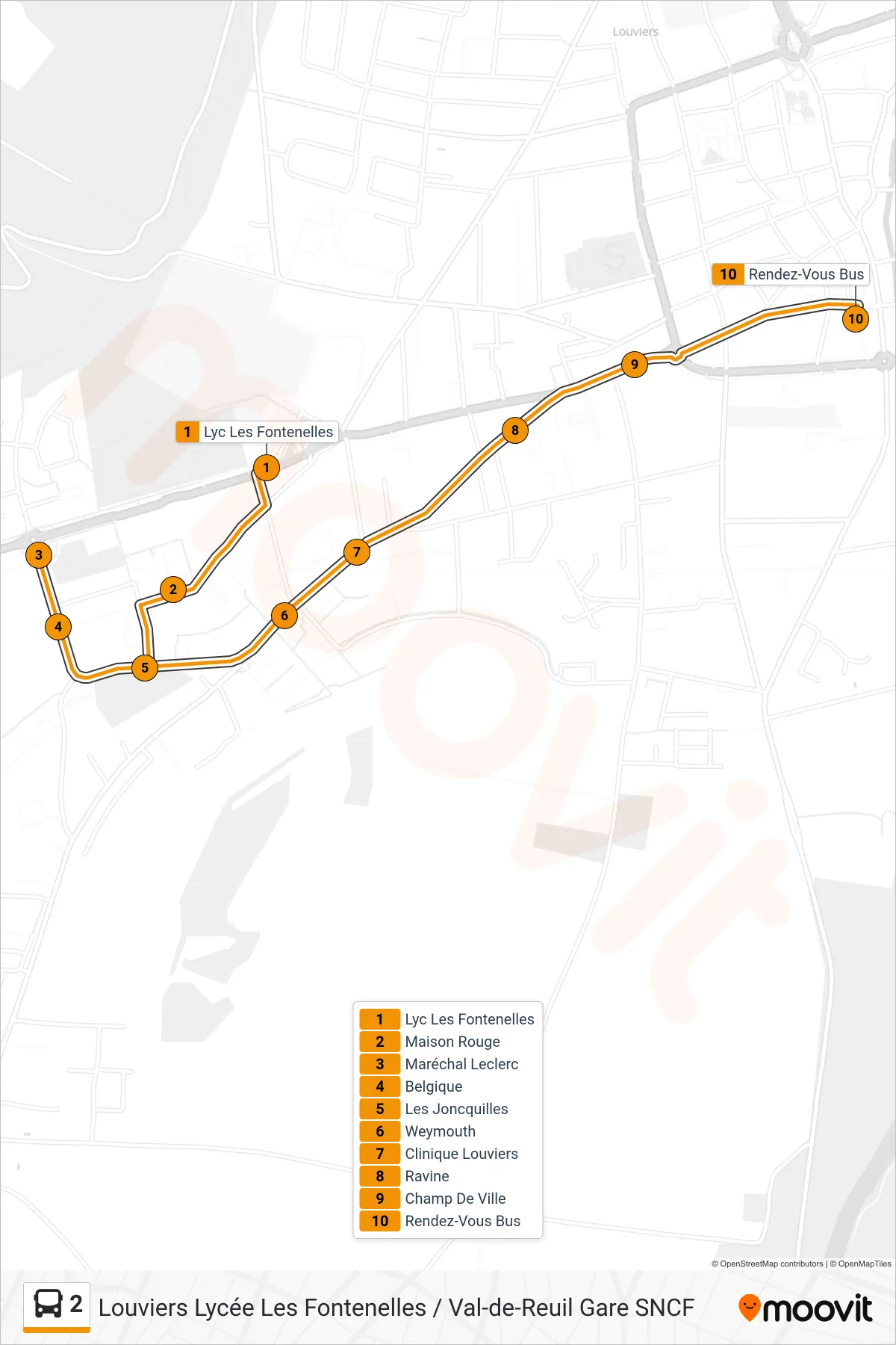 Tracé et arrêts de la ligne 2 de bus (Rendez-Vous Bus) sur une carte