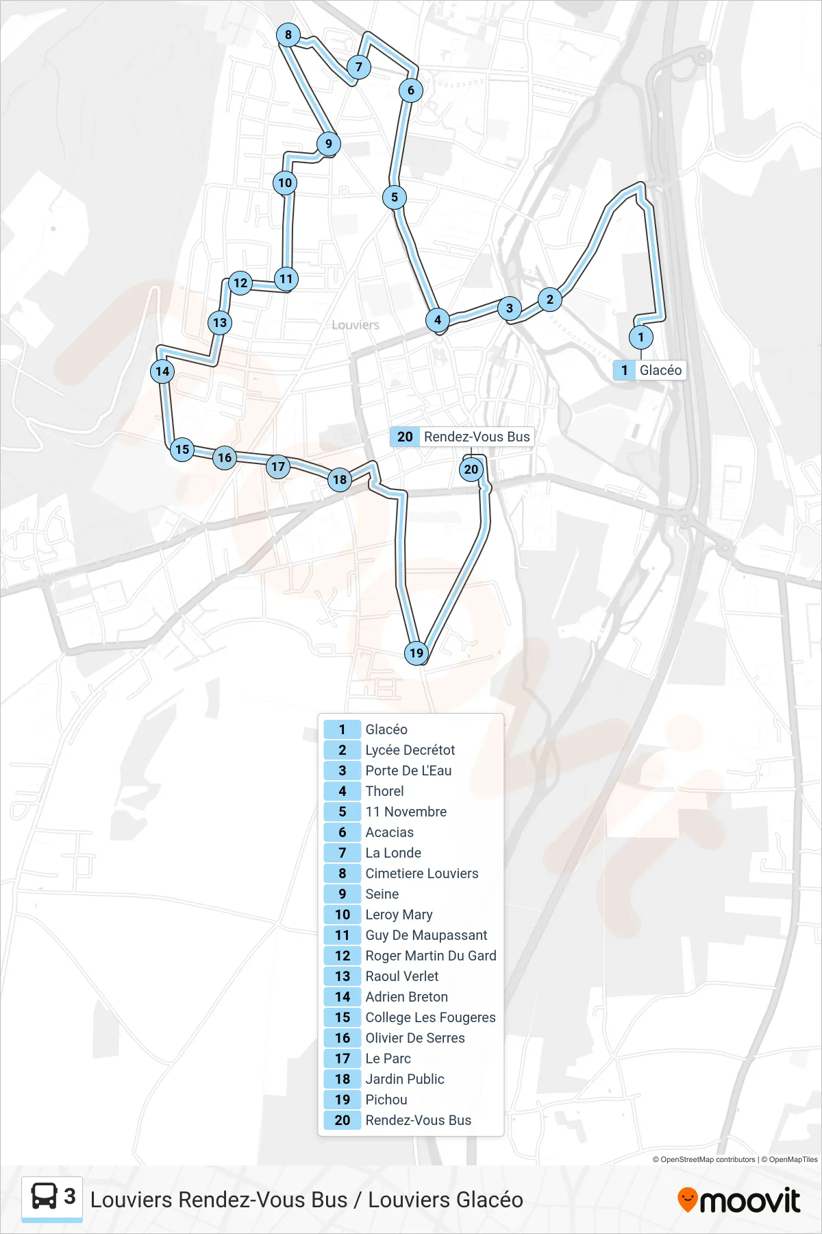 Tracé et arrêts de la ligne 3 de bus (Rendez-Vous Bus) sur une carte