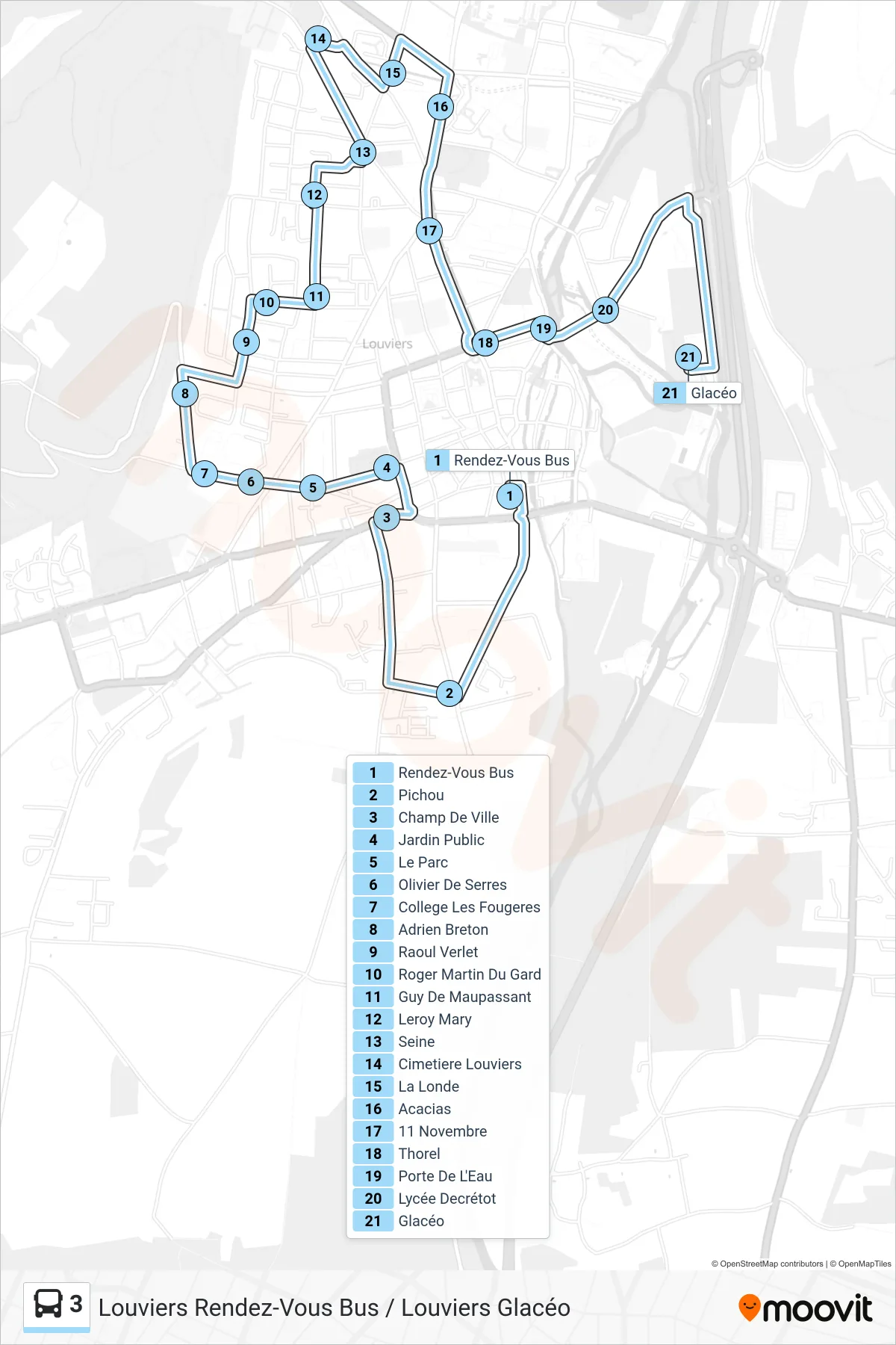 Tracé et arrêts de la ligne 3 de bus (Glacéo) sur une carte