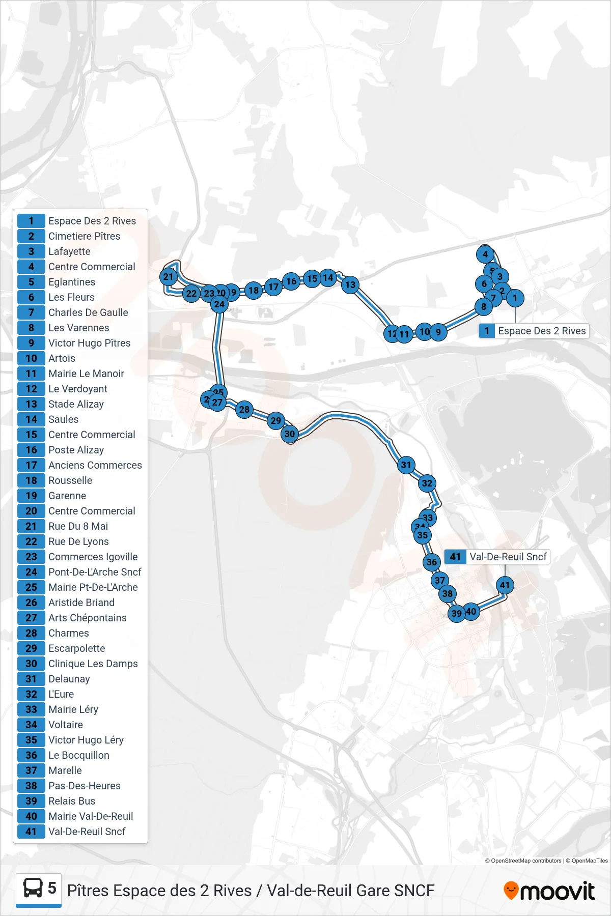 Tracé et arrêts de la ligne 5 de bus (Gare S.N.C.F. Val-De-Reuil) sur une carte