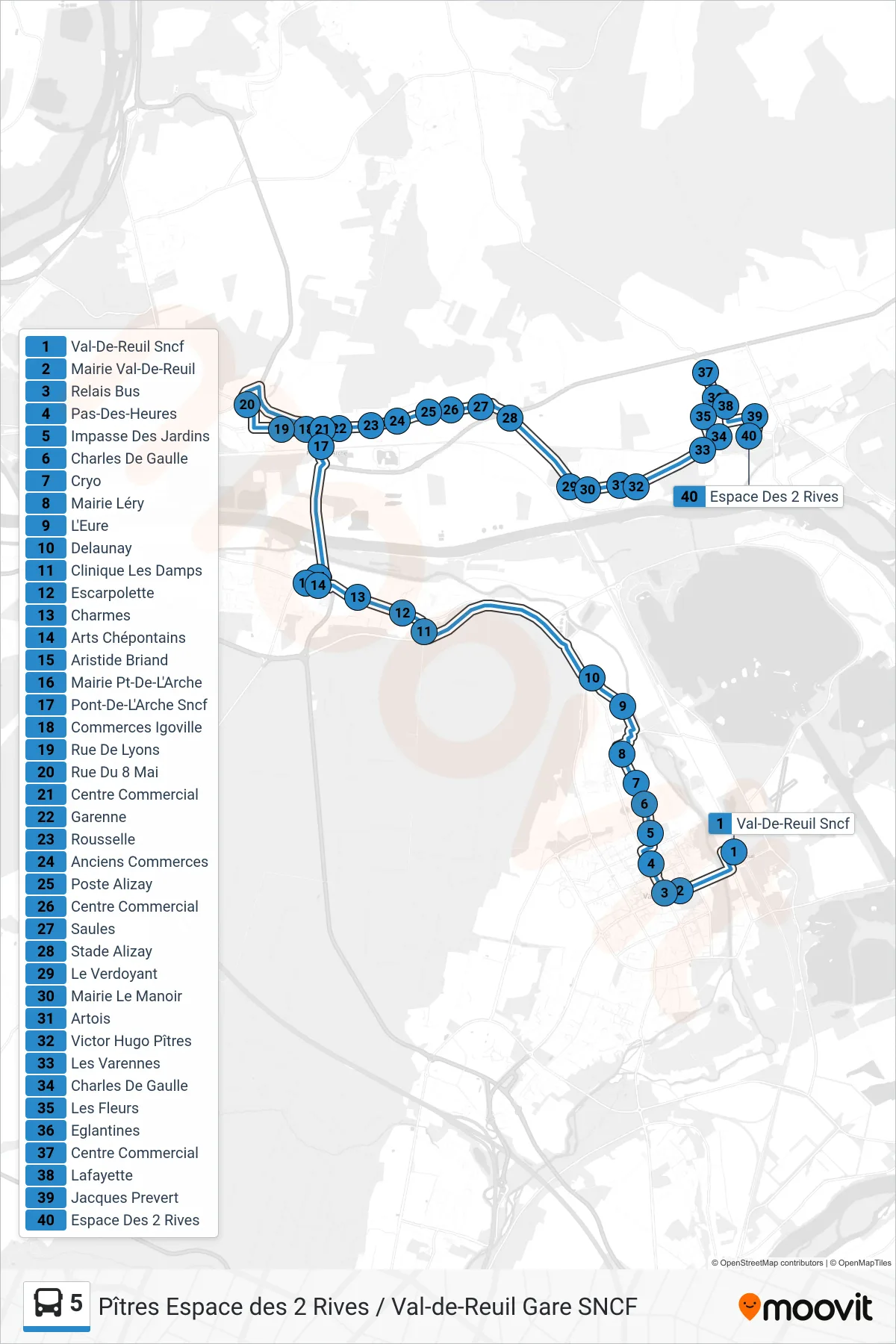 Tracé et arrêts de la ligne 5 de bus (Espace Des Deux-Rives) sur une carte