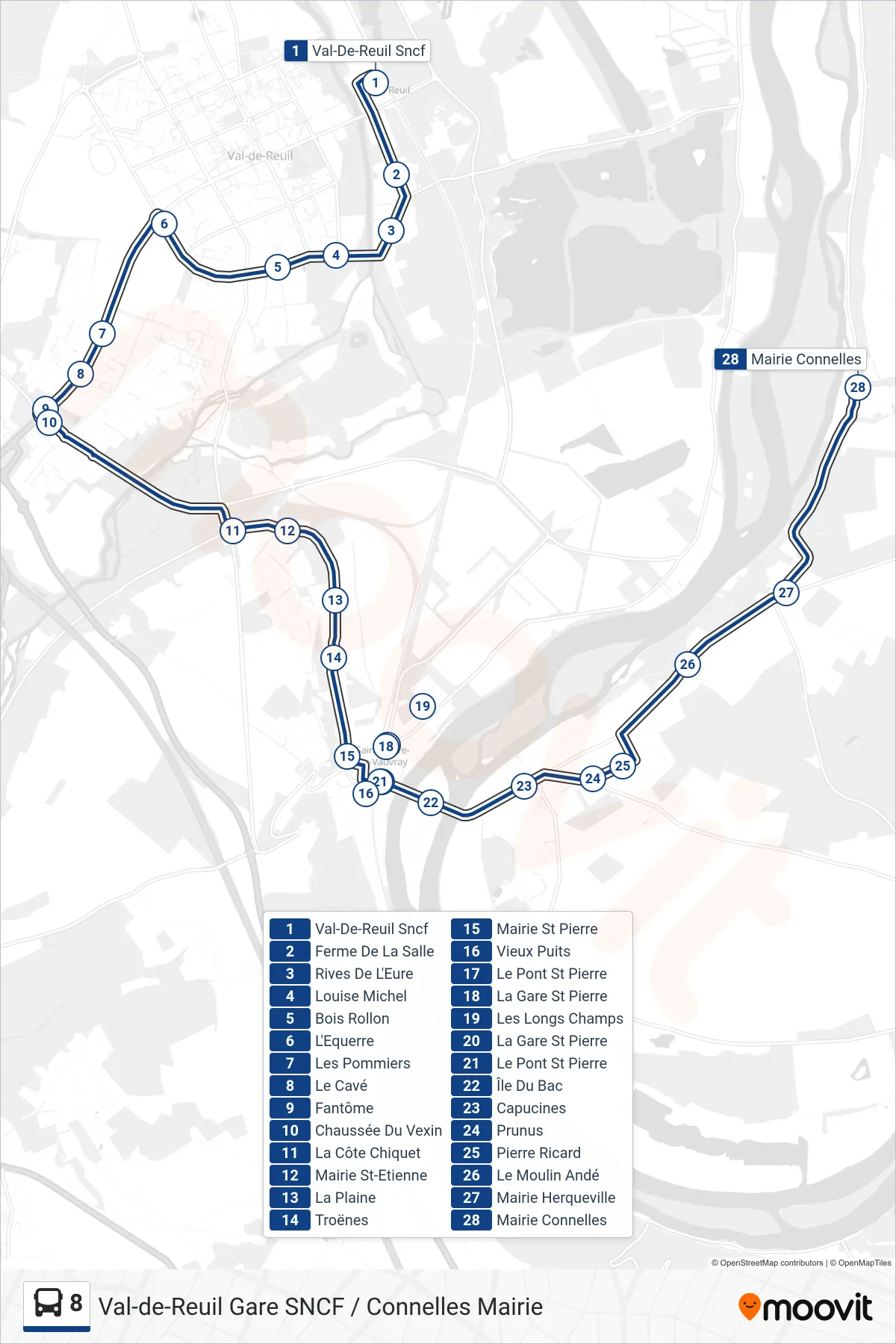 Tracé et arrêts de la ligne 8 de bus (Mairie Connelles) sur une carte