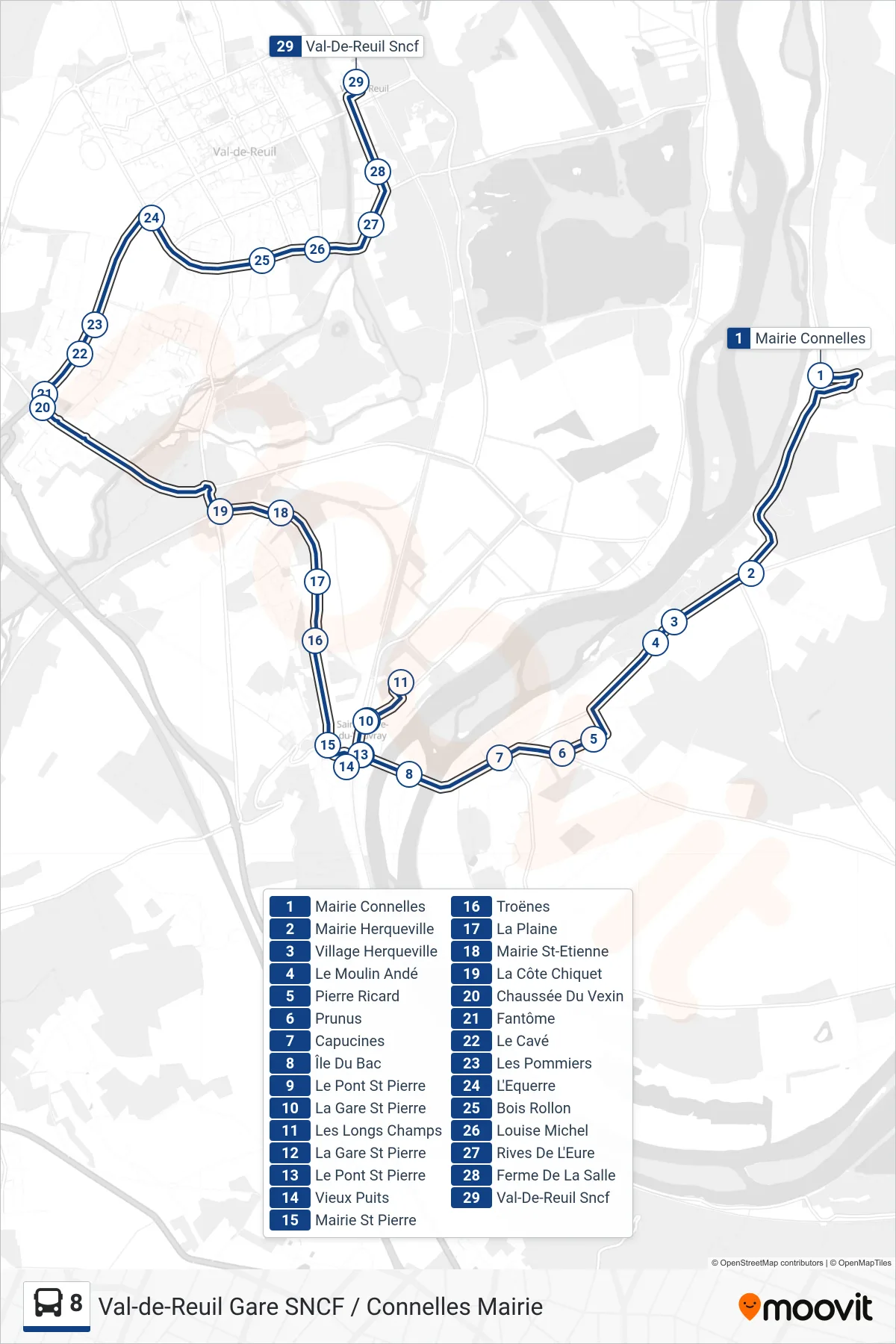 Tracé et arrêts de la ligne 8 de bus (Gare S.N.C.F. Val-De-Reuil) sur une carte