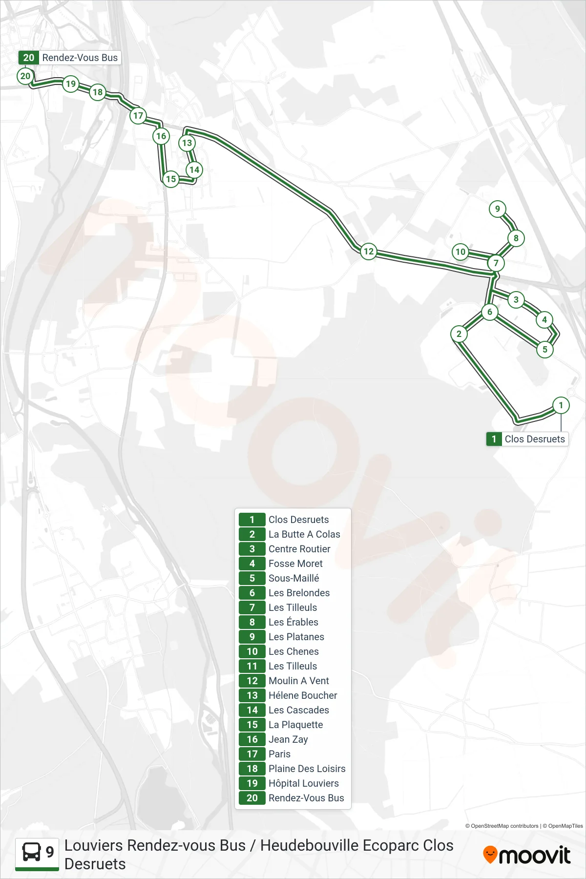 Tracé et arrêts de la ligne 9 de bus (Rendez-Vous Bus) sur une carte