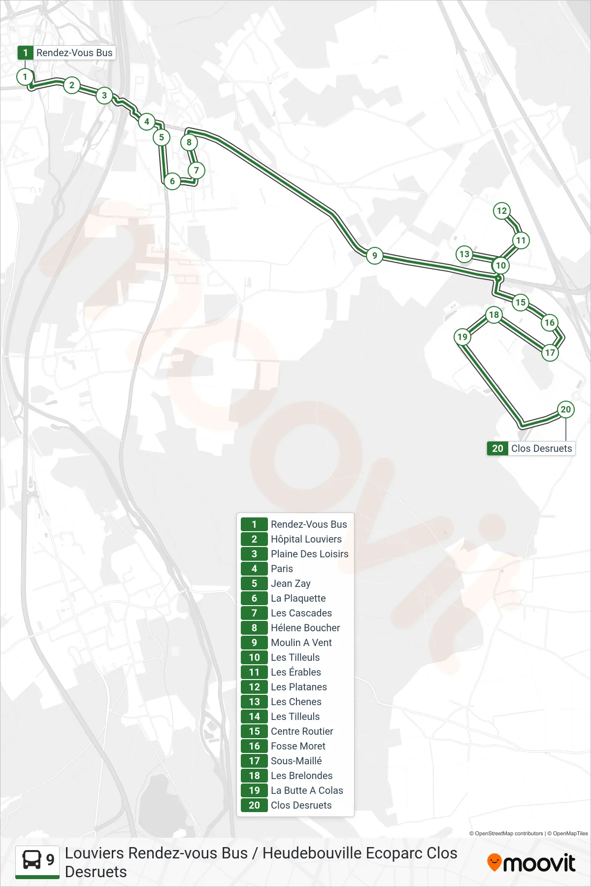 Tracé et arrêts de la ligne 9 de bus (Clos Desruets) sur une carte