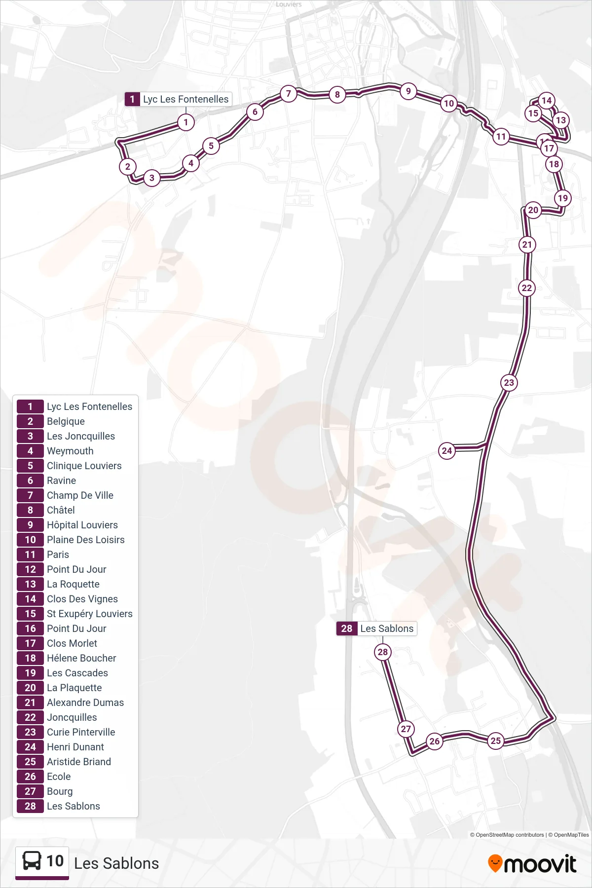 Tracé et arrêts de la ligne 10 de bus (Les Sablons) sur une carte