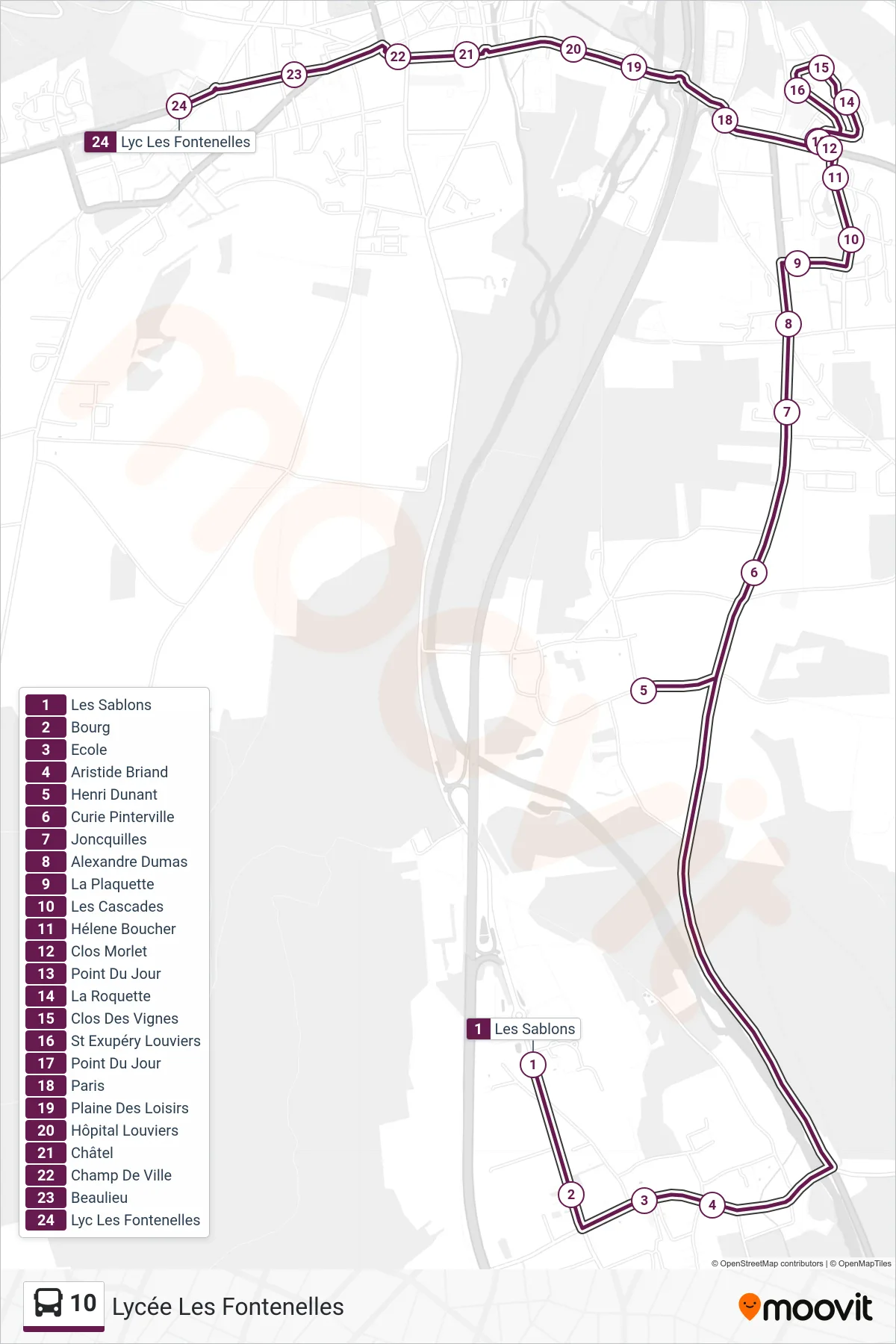 Tracé et arrêts de la ligne 10 de bus (Lycée Les Fontenelles) sur une carte