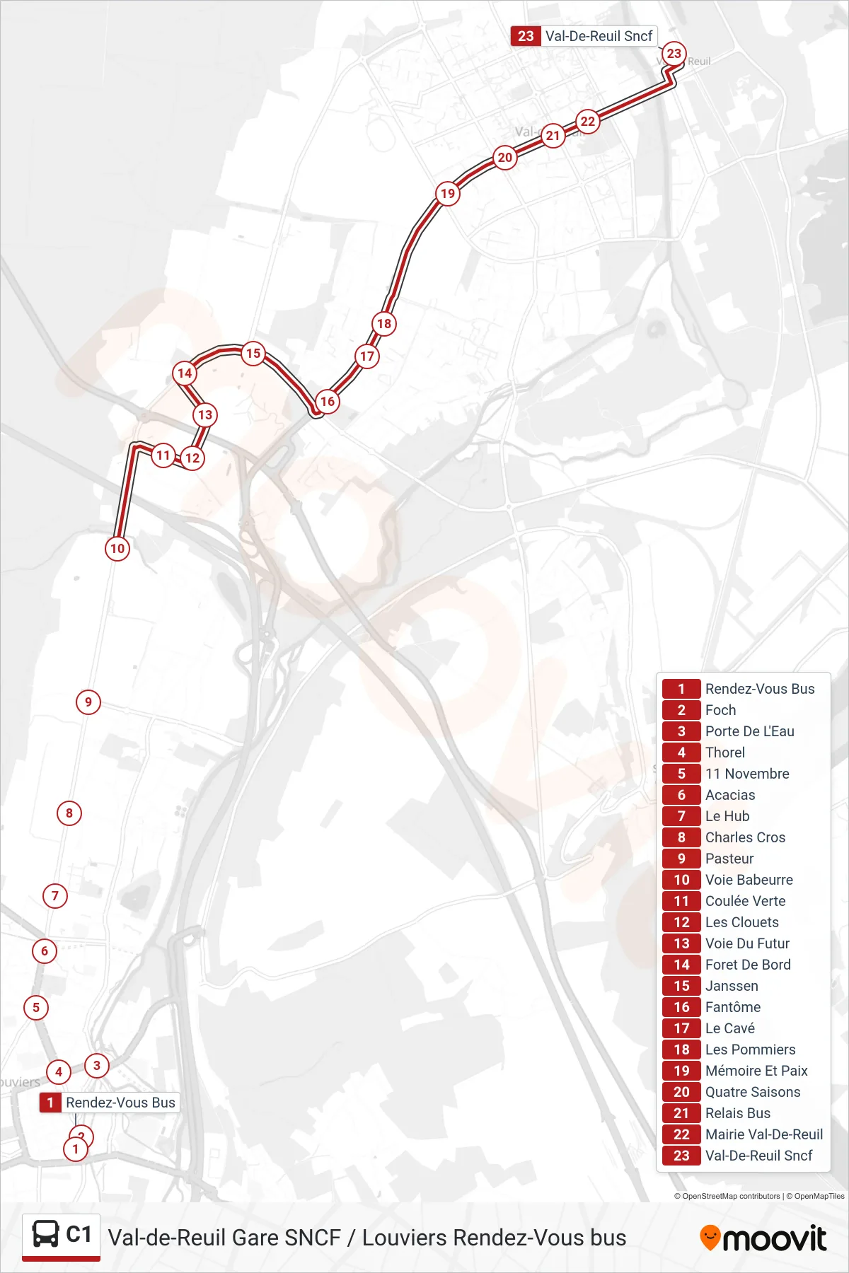 Tracé et arrêts de la ligne C1 de bus (Gare S.N.C.F. Val-De-Reuil) sur une carte