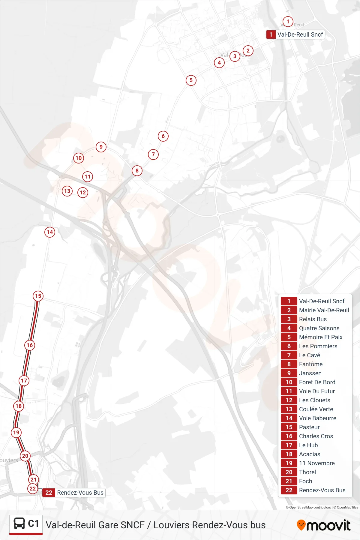 Tracé et arrêts de la ligne C1 de bus (Rendez-Vous Bus) sur une carte