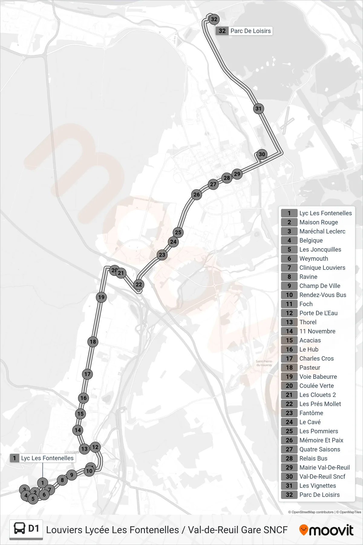 Tracé et arrêts de la ligne D1 de bus (Parc De Loisirs) sur une carte