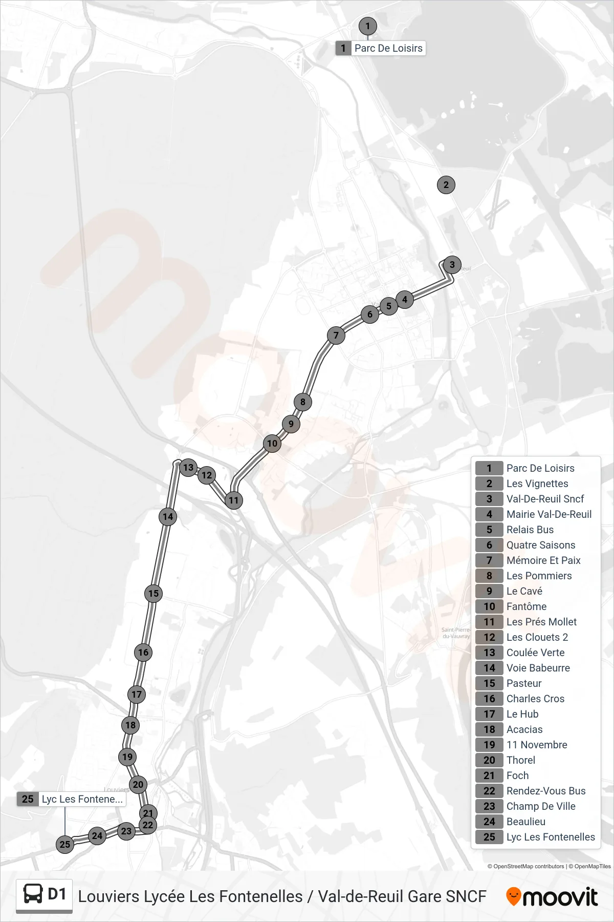 Tracé et arrêts de la ligne D1 de bus (Lycée Les Fontenelles) sur une carte