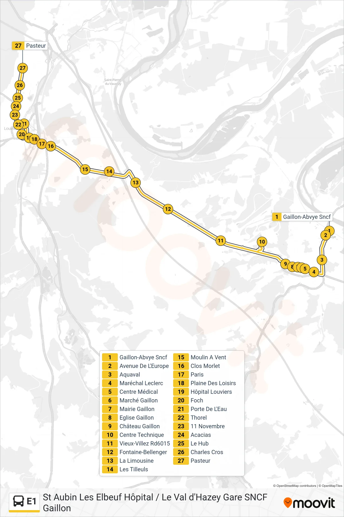 Tracé et arrêts de la ligne E1 de bus (Pasteur) sur une carte