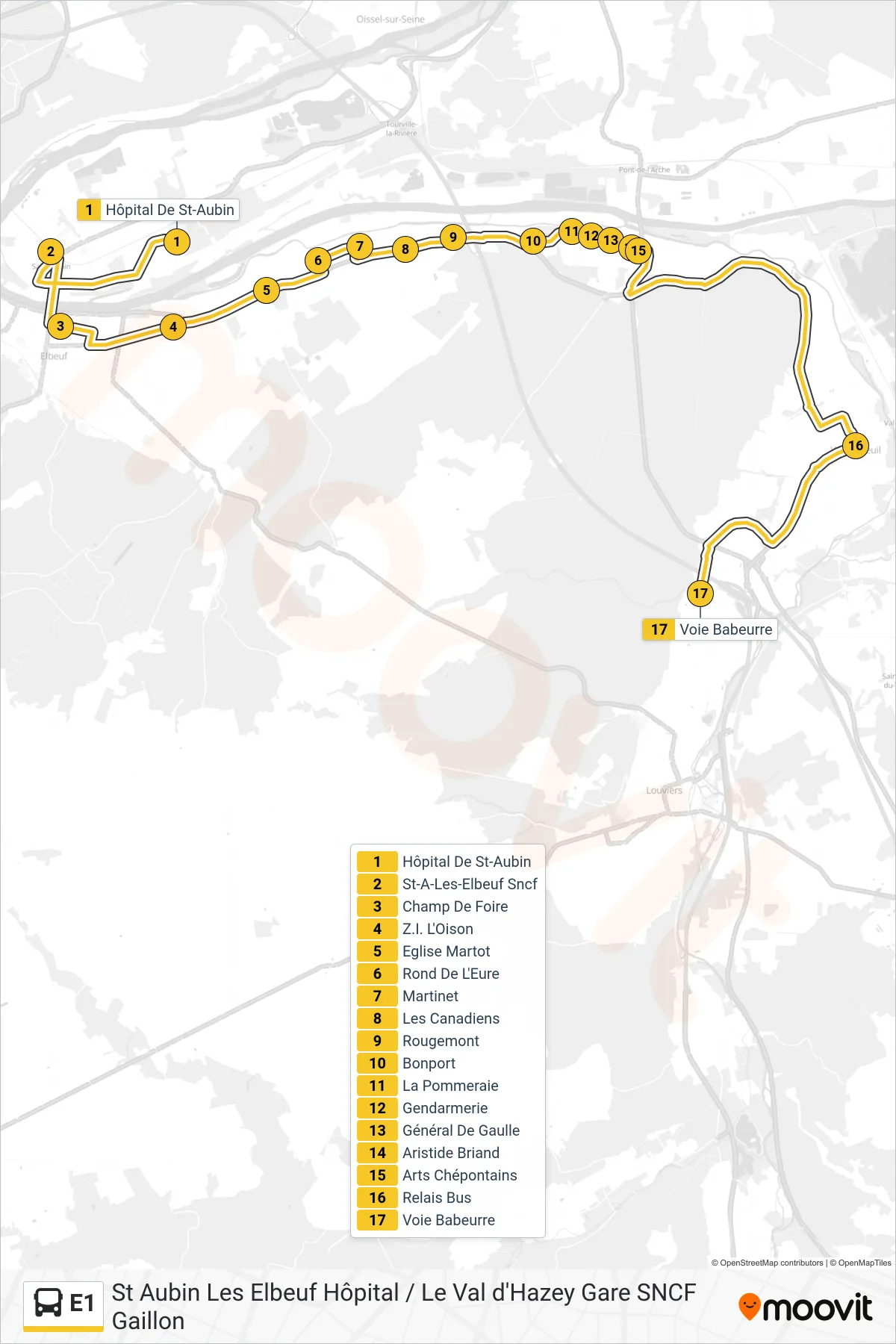Tracé et arrêts de la ligne E1 de bus (Voie Babeurre) sur une carte