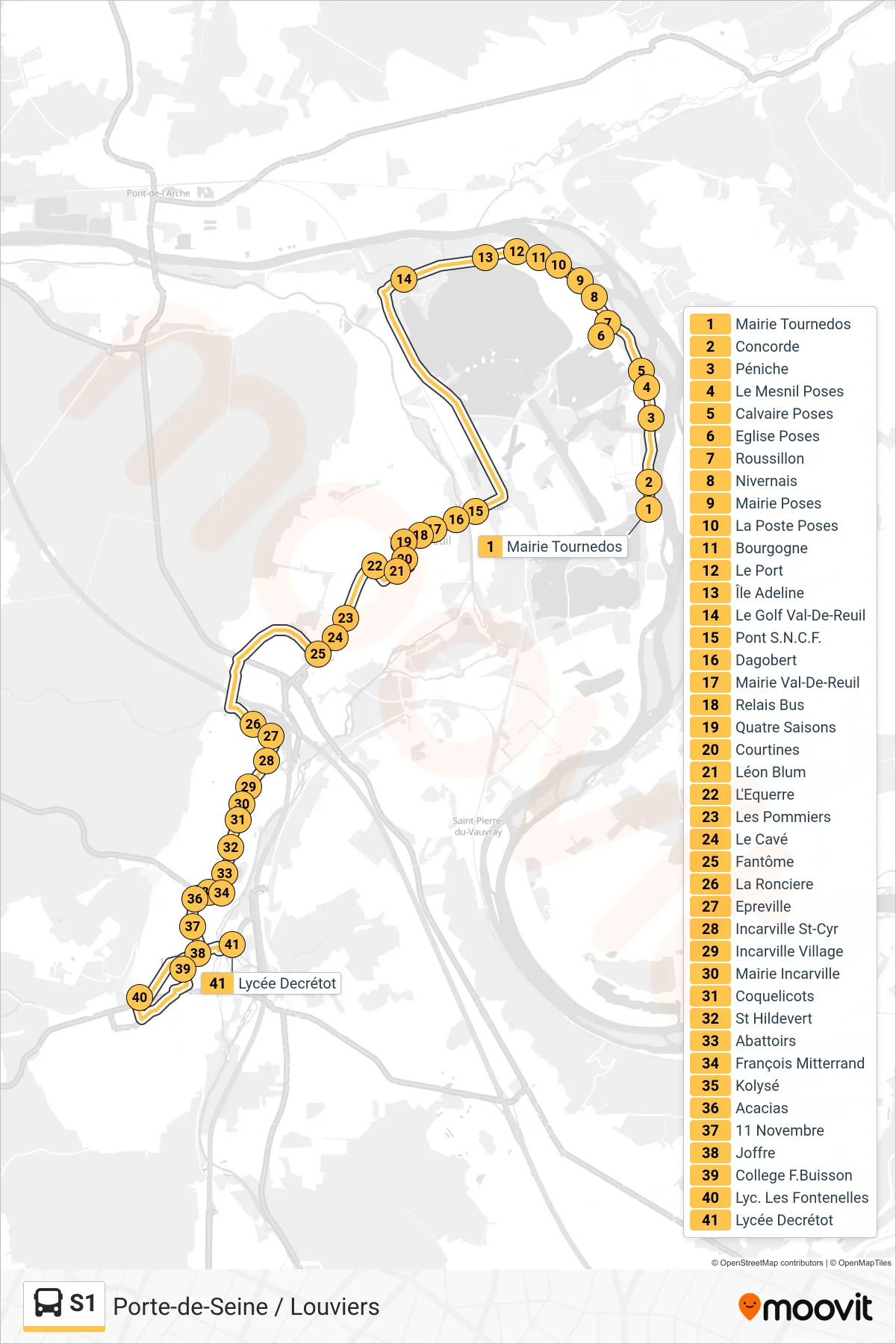 Tracé et arrêts de la ligne S1 de bus (Lycée Decrétot) sur une carte