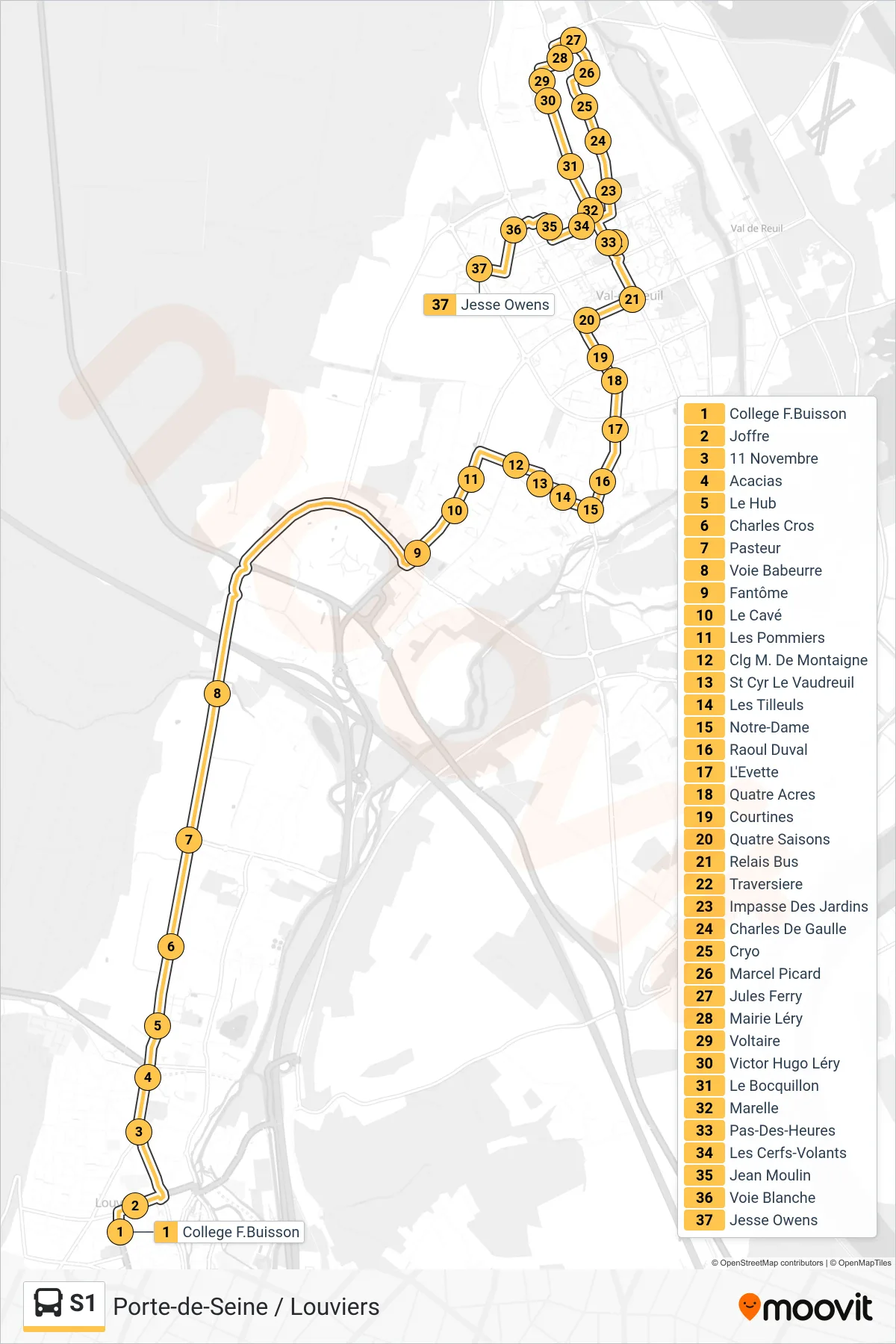 Tracé et arrêts de la ligne S1 de bus (Jesse Owens) sur une carte