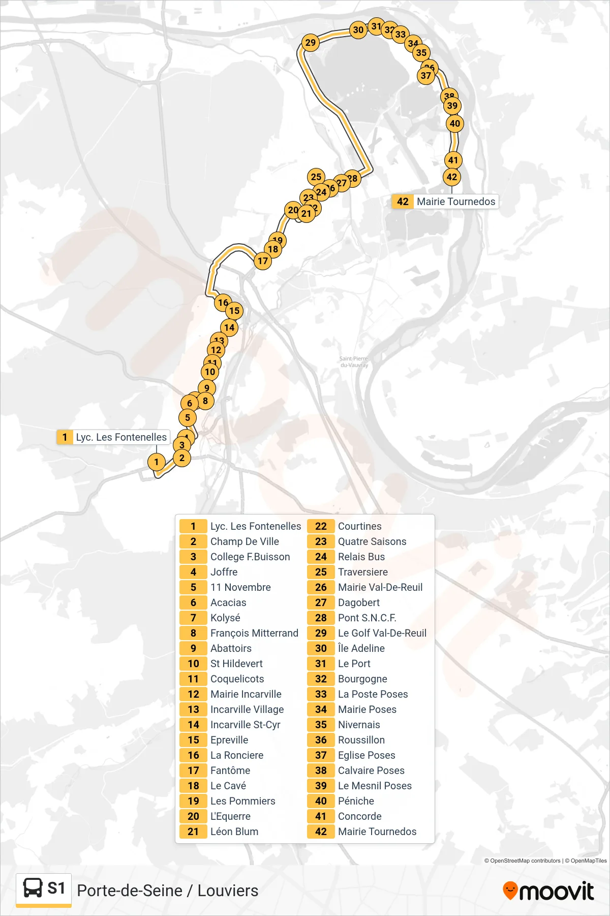 Tracé et arrêts de la ligne S1 de bus (Mairie Tournedos) sur une carte