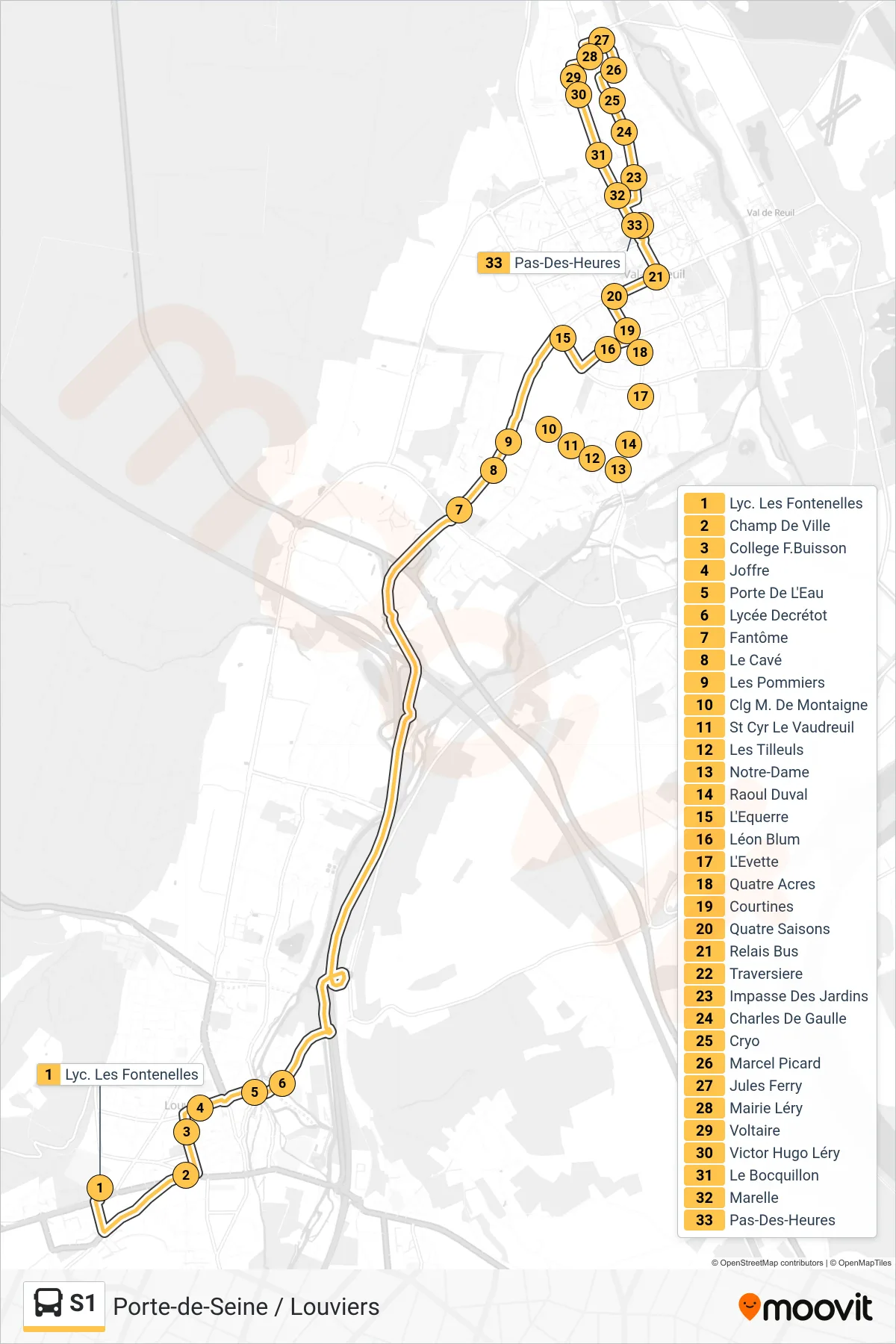 Tracé et arrêts de la ligne S1 de bus (Pas-Des-Heures) sur une carte
