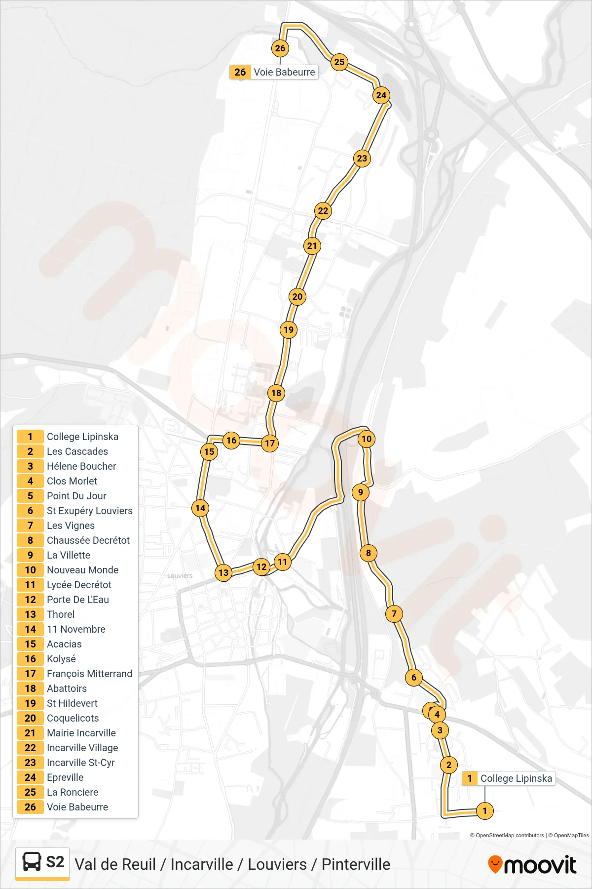 Tracé et arrêts de la ligne S2 de bus (Voie Babeurre) sur une carte