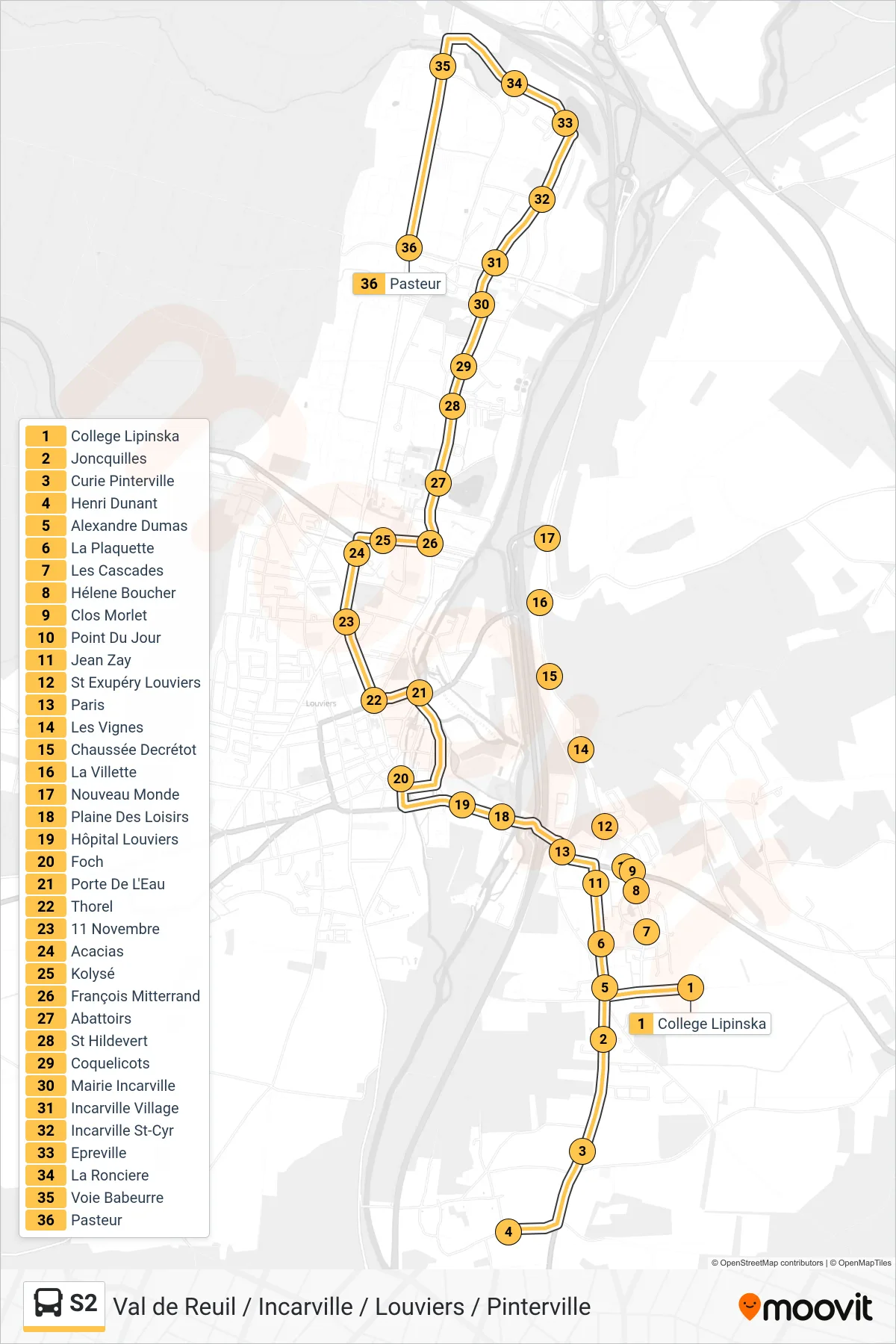 Tracé et arrêts de la ligne S2 de bus (Pasteur) sur une carte